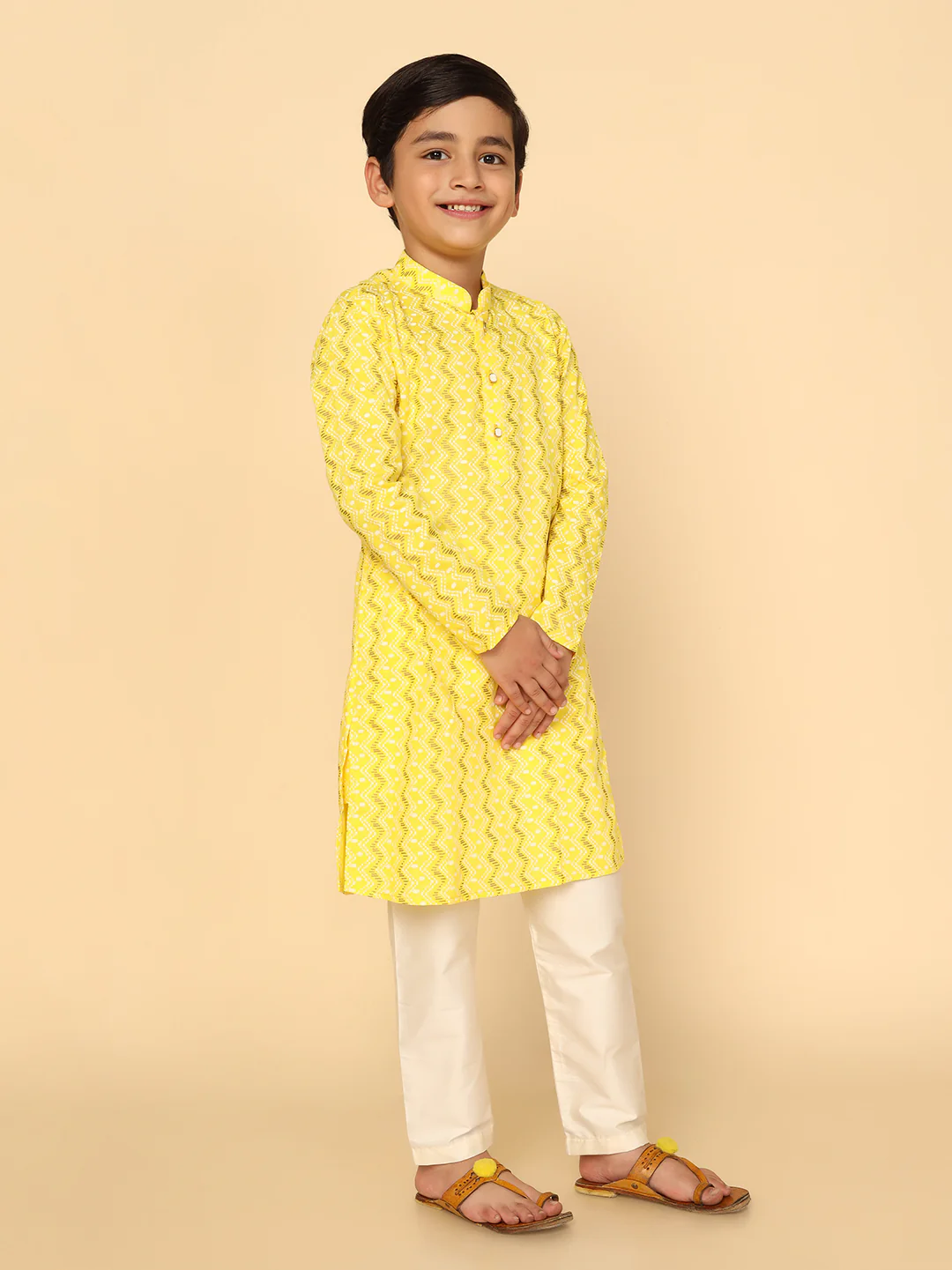 Boy's Yellow Printed Kurta - Image 3