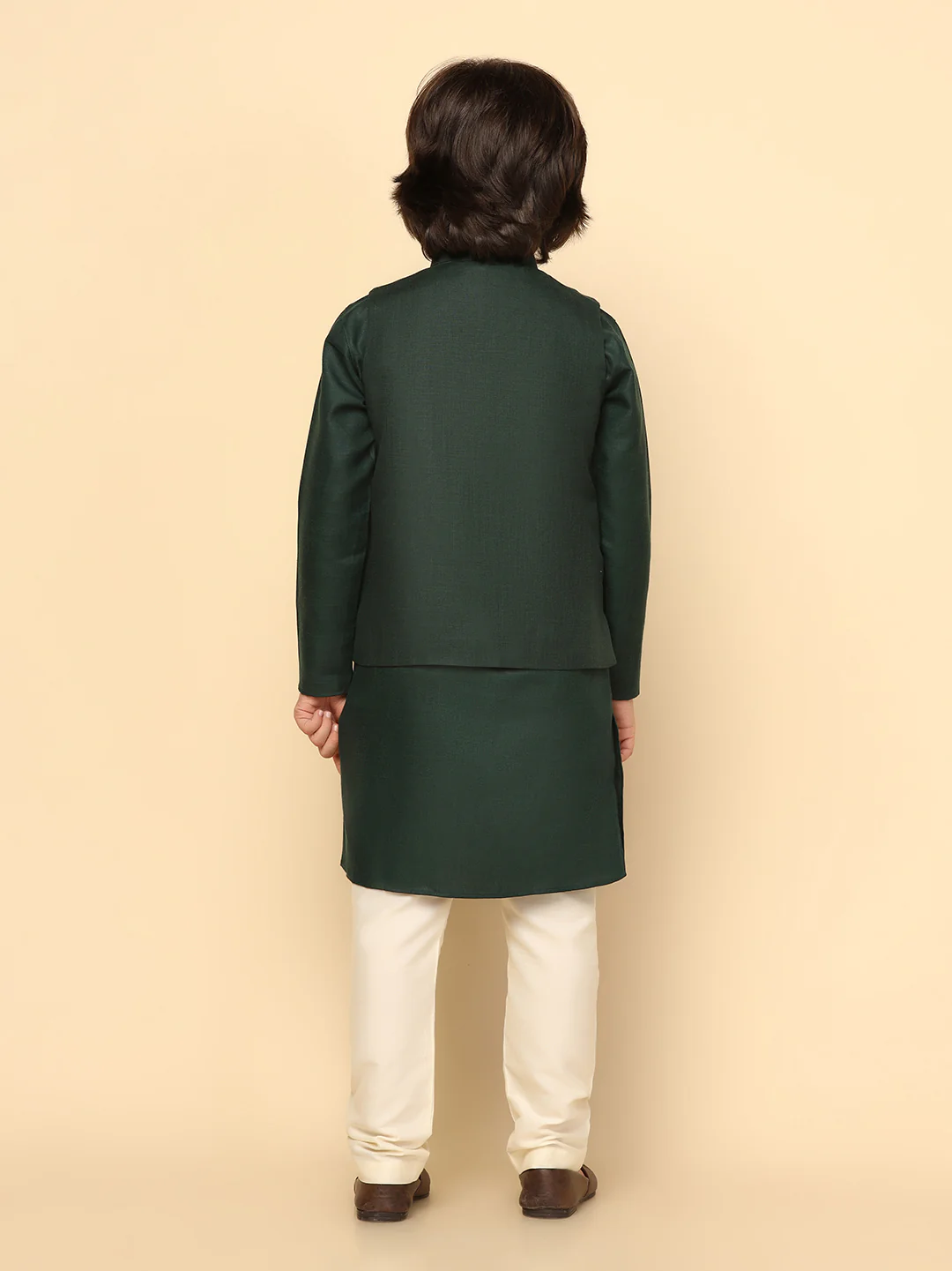 Boy's Green Solid Kurta Jacket Churidar Set - Image 4