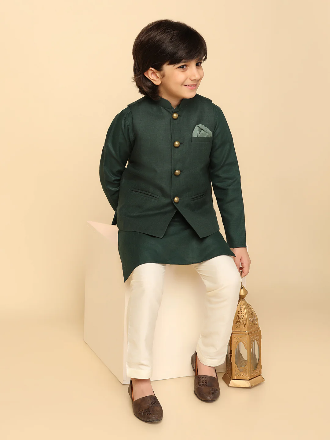 Boy's Green Solid Kurta Jacket Churidar Set - Image 8
