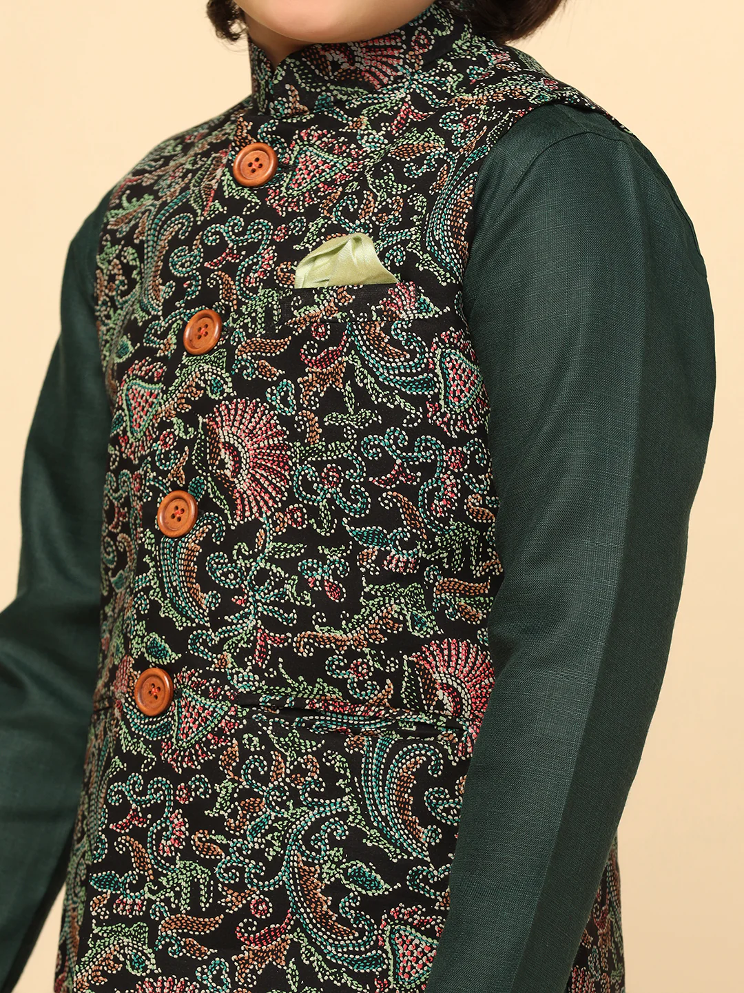 Boy's Black Printed Kurta Jacket Churidar - Image 5