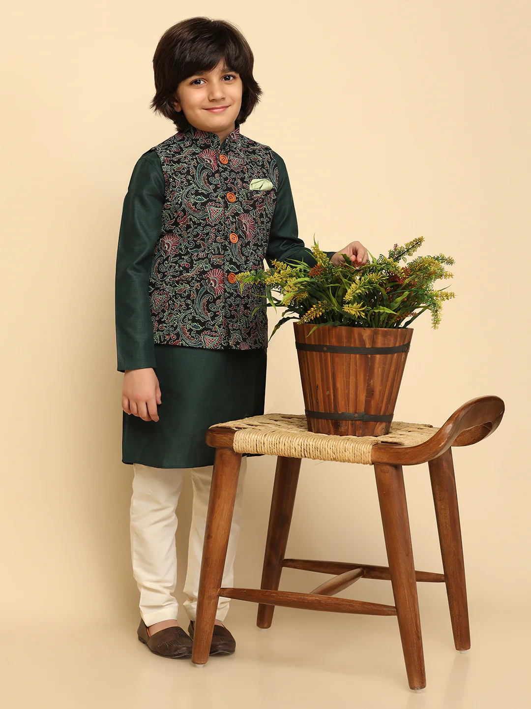 Boy's Black Printed Kurta Jacket Churidar - Image 8