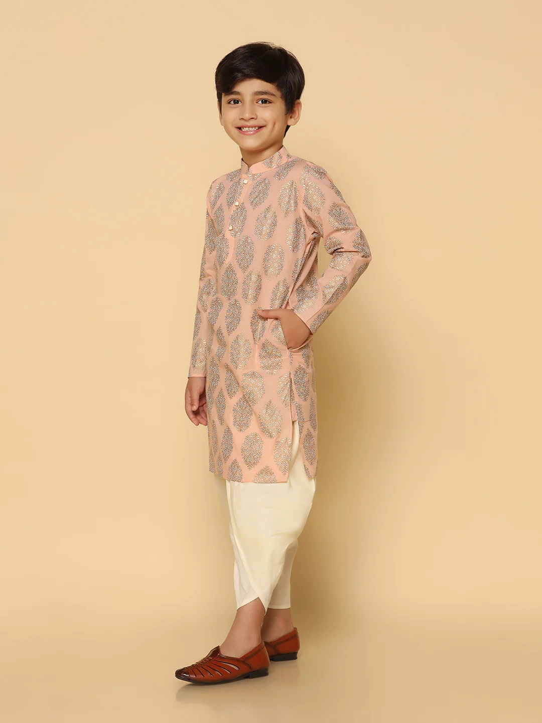 Boy's Peach Kurta Dhoti Set - Image 3