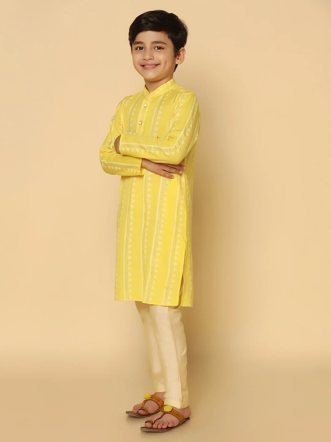 Boy's Yellow Printed Kurta - Image 2