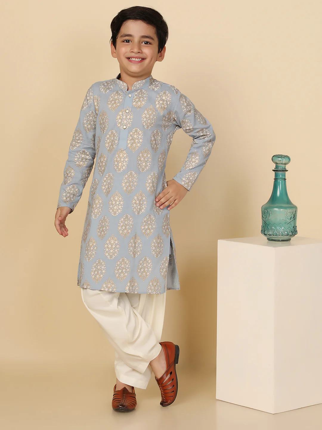 Boy's Blue Printed Kurta - Image 6