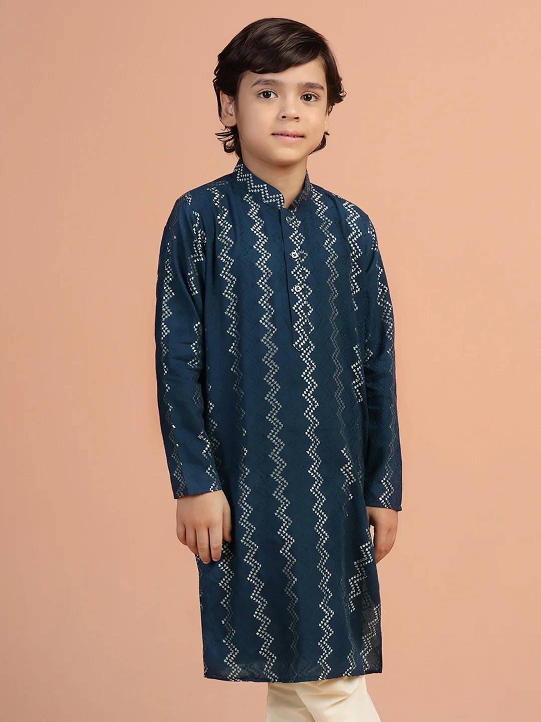 Boy's Navy Blue Textured Kurta