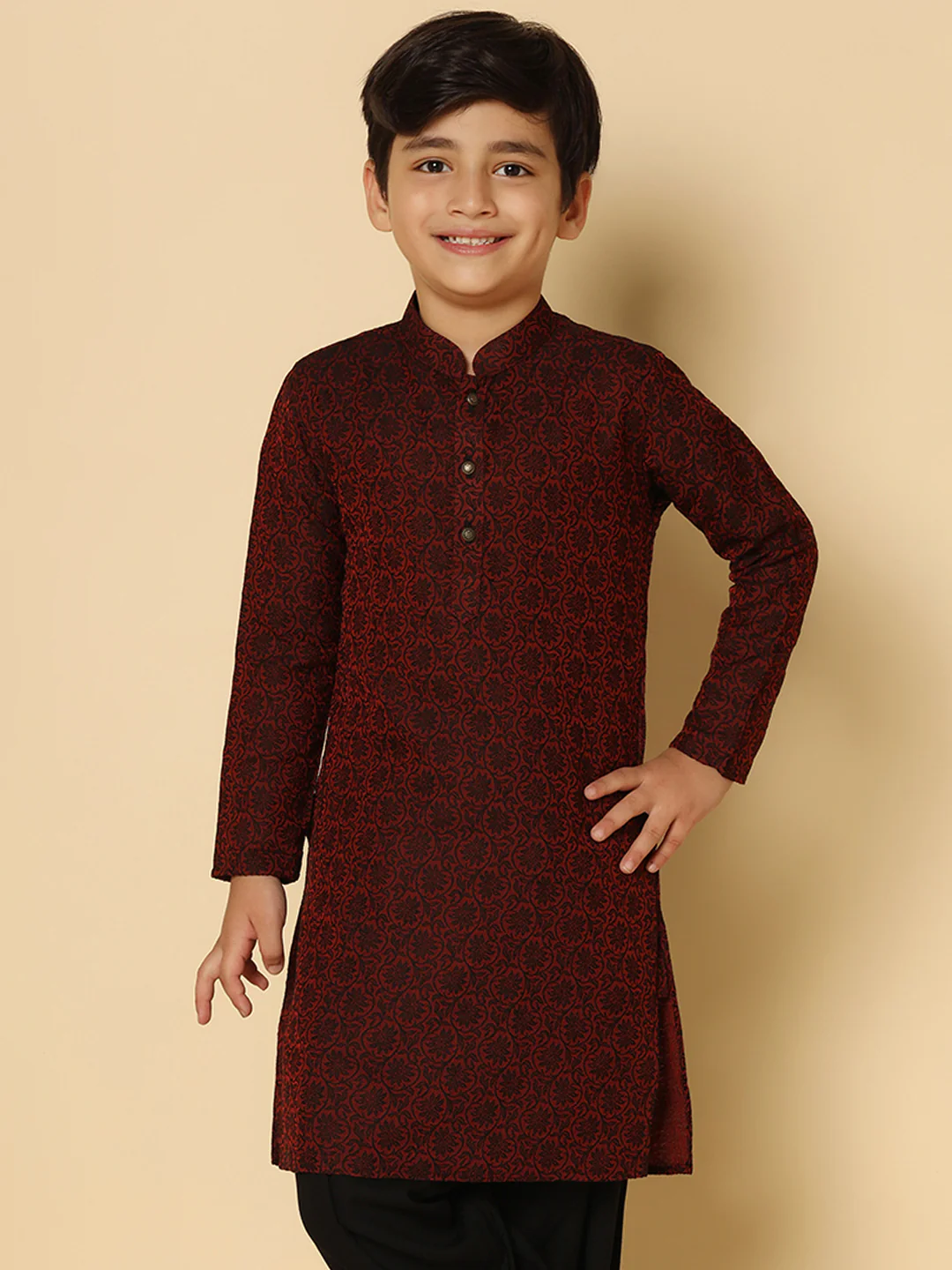 Boy's Maroon Woven Design Kurta