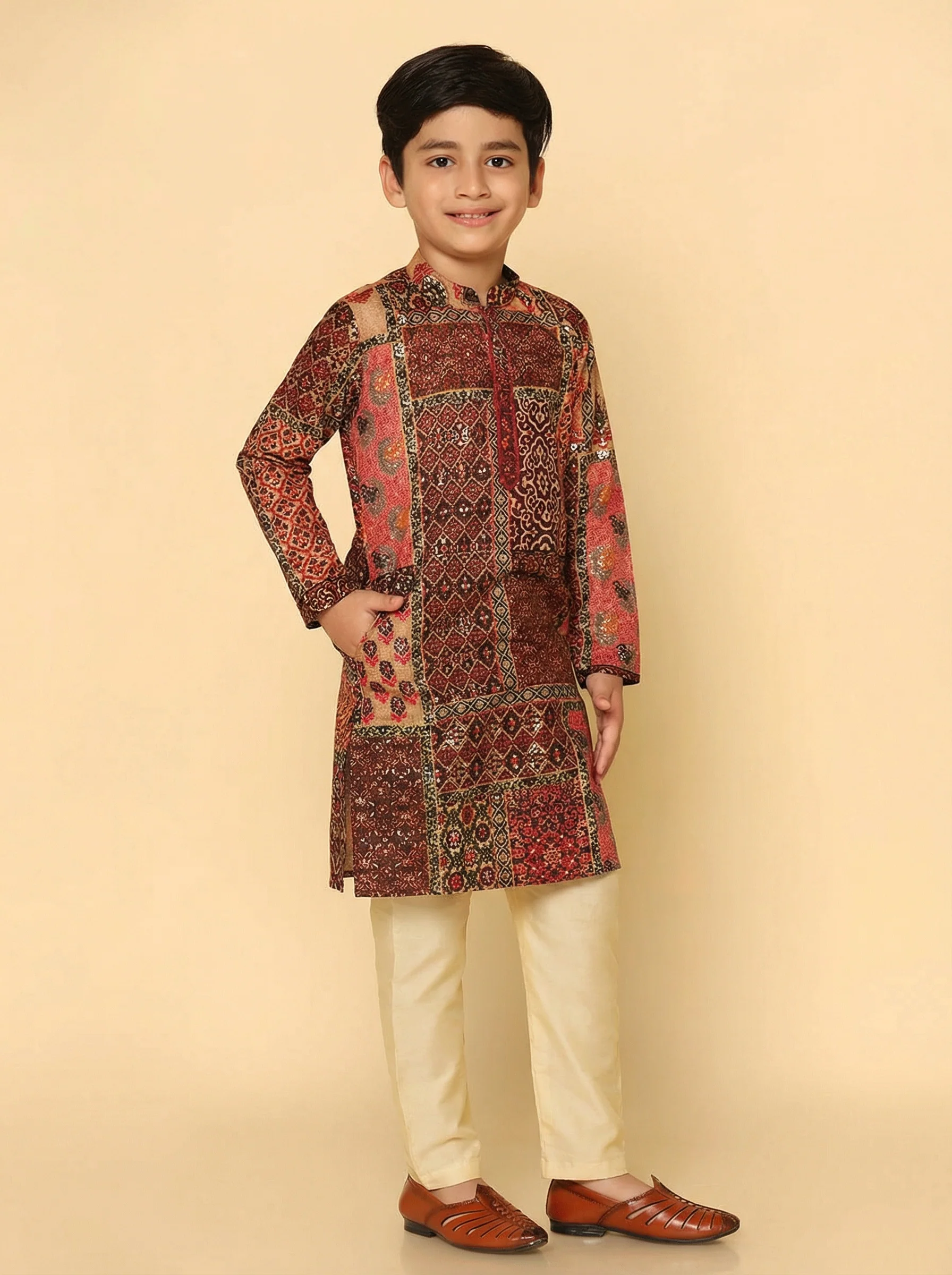 Boy's Maroon Printed Kurta - Image 3