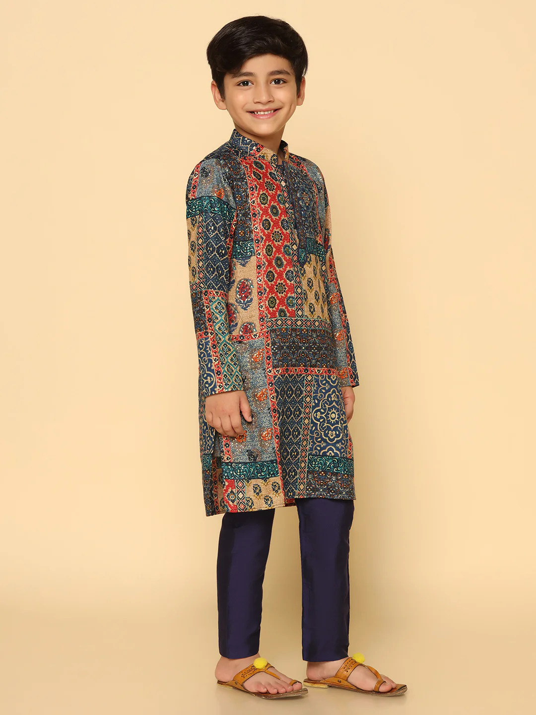 Boy's Navy Blue Printed Kurta - Image 3