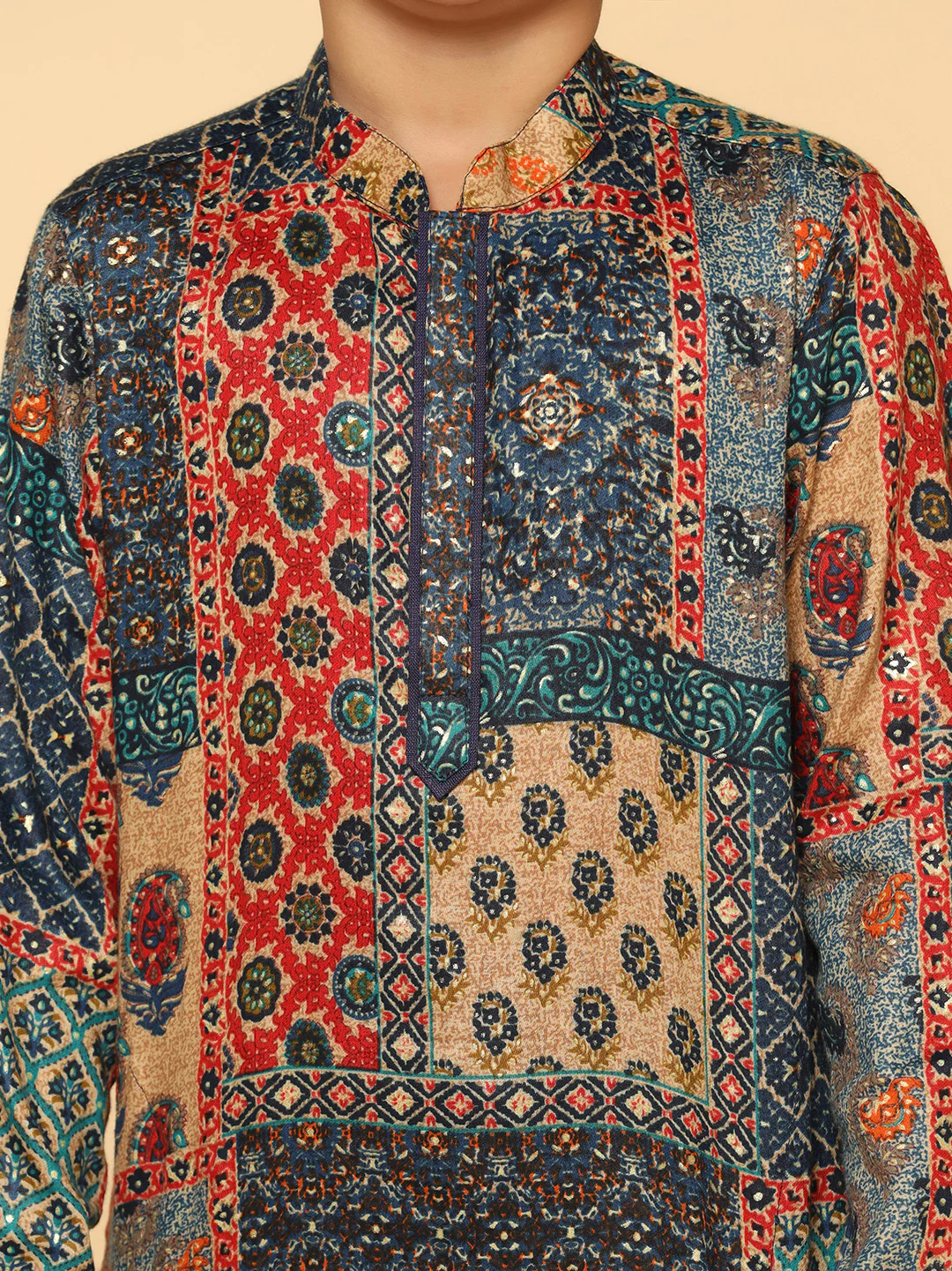 Boy's Navy Blue Printed Kurta - Image 5