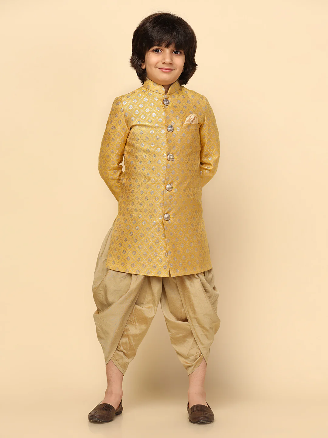 Boy's Yellow Textured Indowestern Dhoti Set
