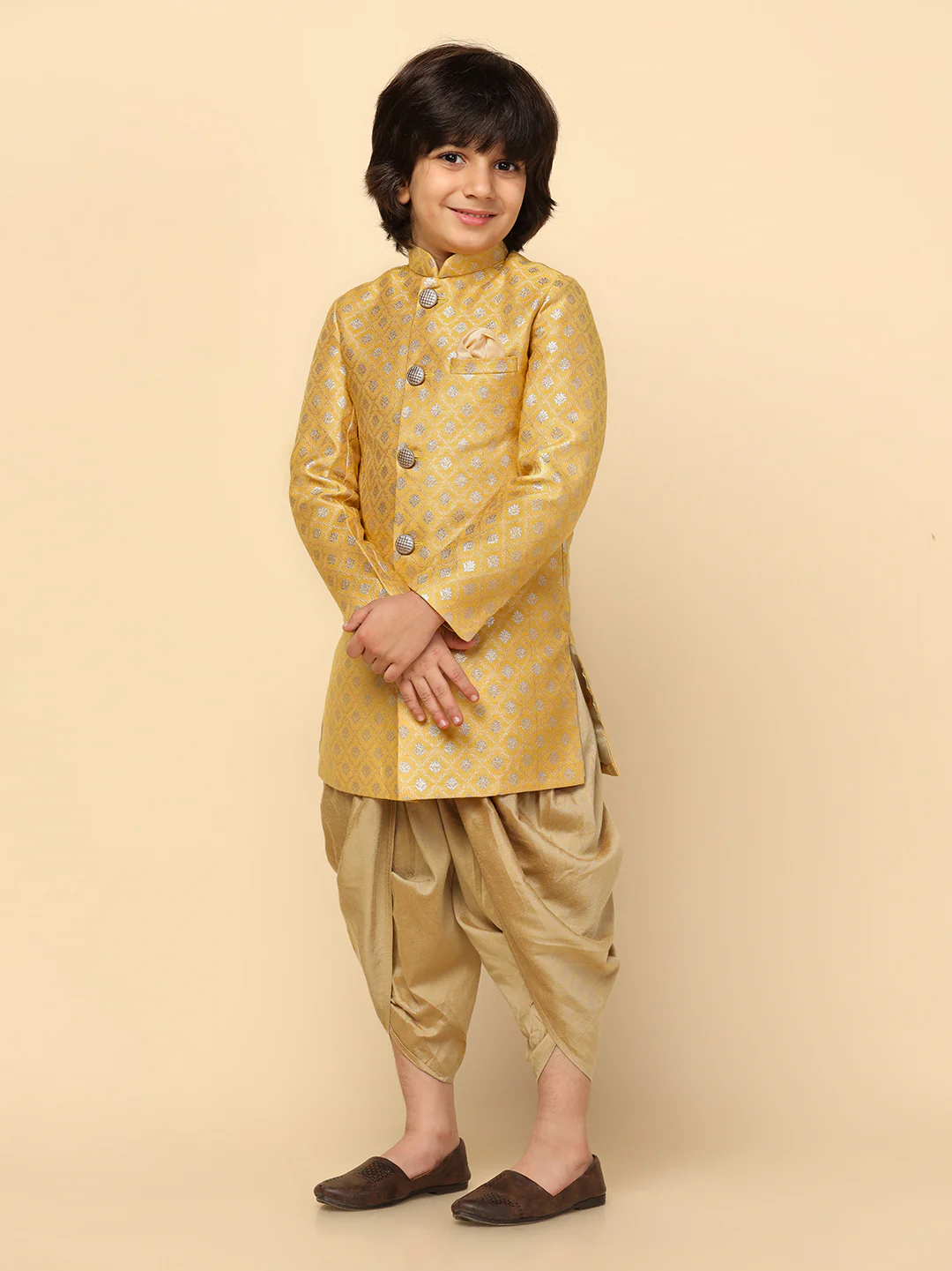Boy's Yellow Textured Indowestern Dhoti Set - Image 3