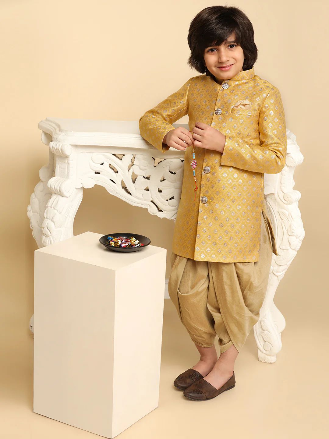 Boy's Yellow Textured Indowestern Dhoti Set - Image 7