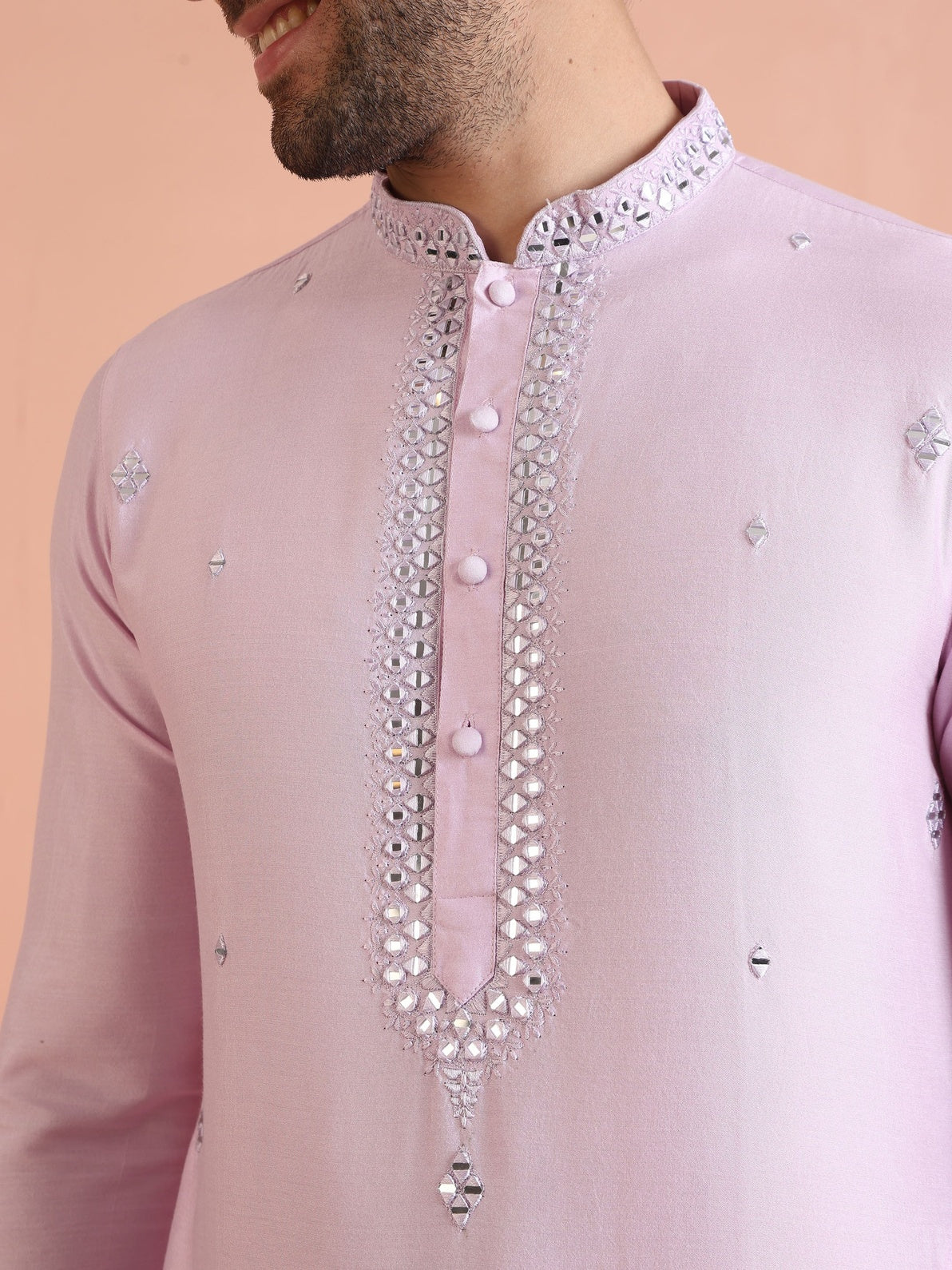 Lavender Cotton Blend Embroidered Kurta Wide Leg Trouser Set - Image 4