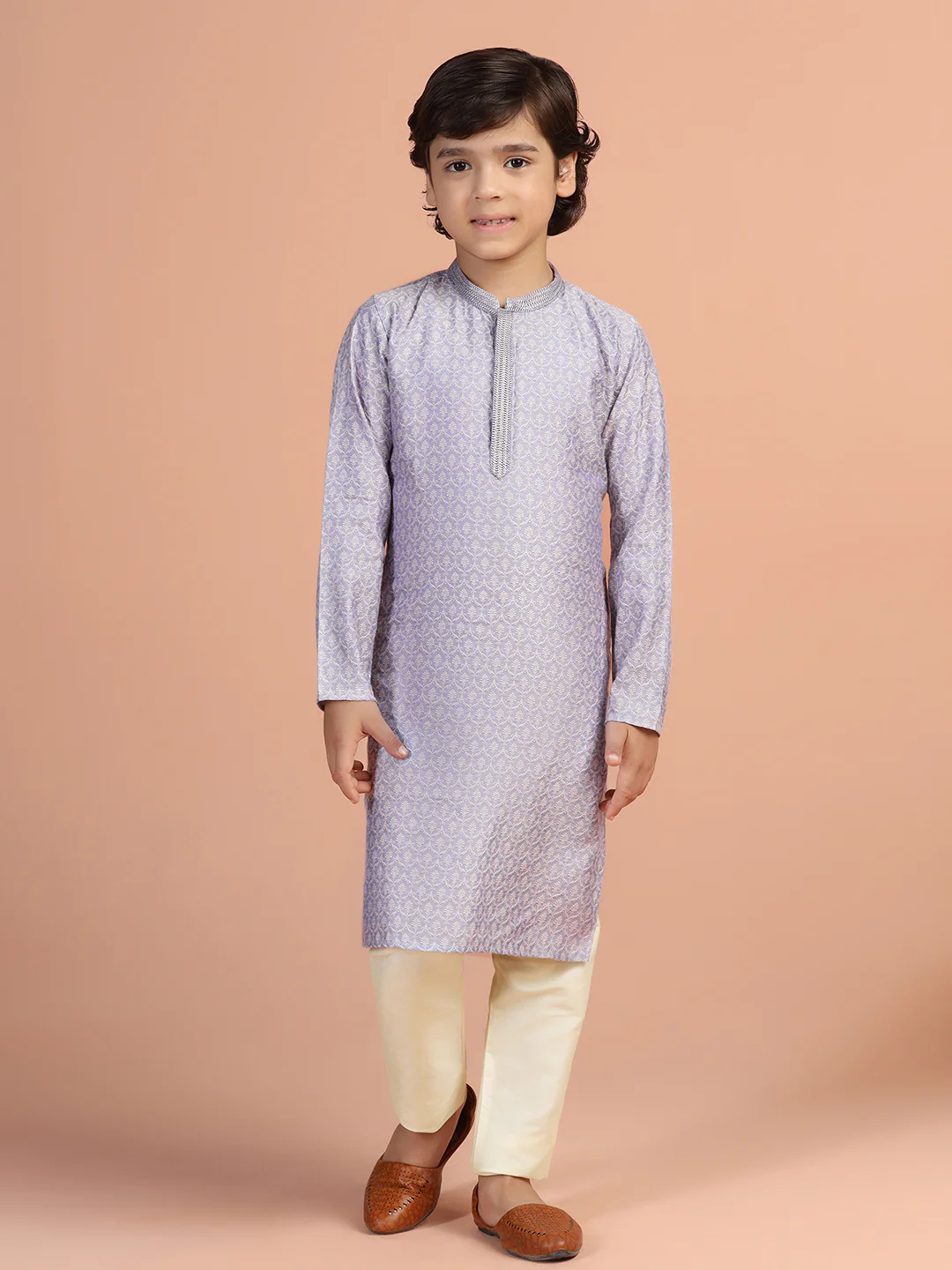 Lavender Jacquard Kids Kurta Set - Image 3