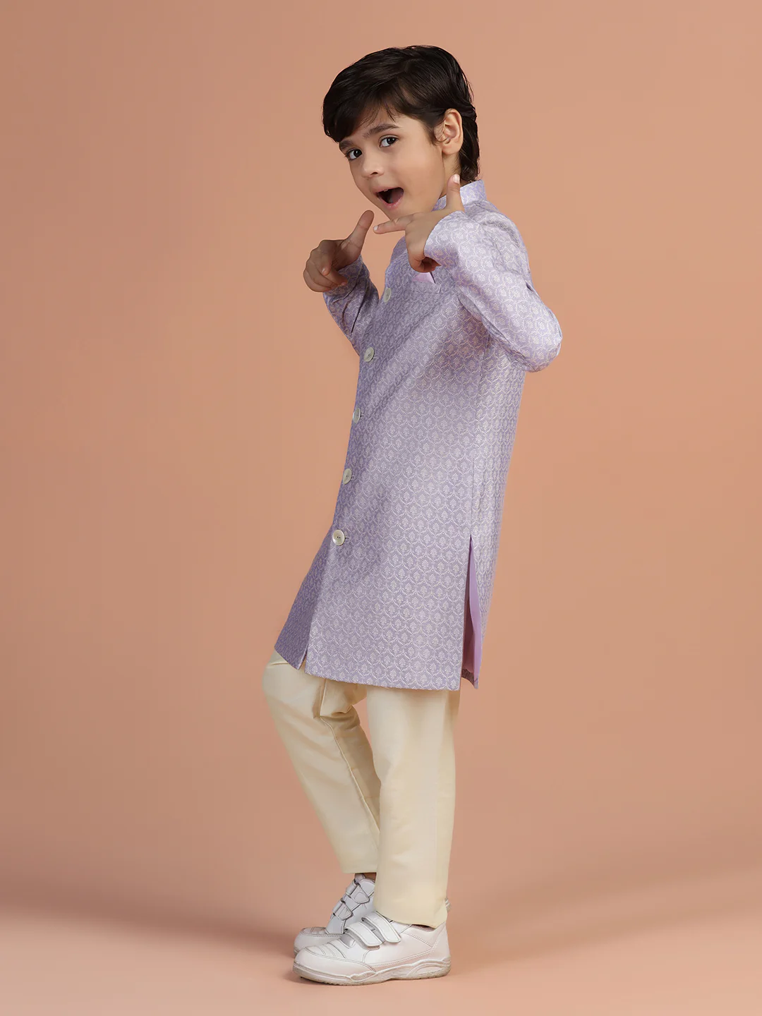 Lavender Jacquard Kids Sherwani Set - Image 2
