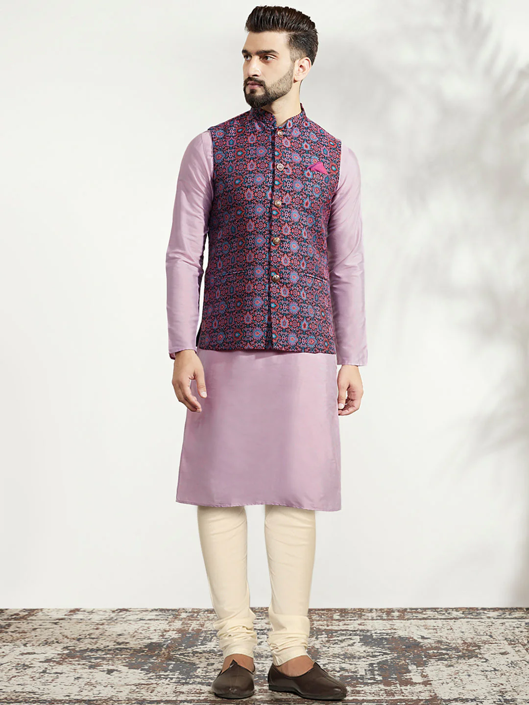 Lavender Silk Blend Kurta with Multicolor Printed Nehru Jacket Set
