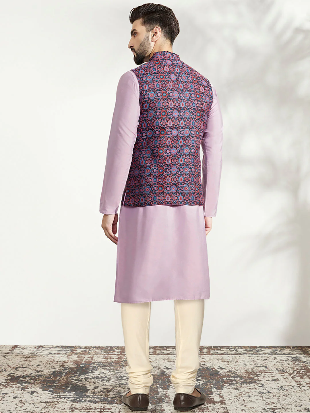 Lavender Silk Blend Kurta with Multicolor Printed Nehru Jacket Set - Image 4