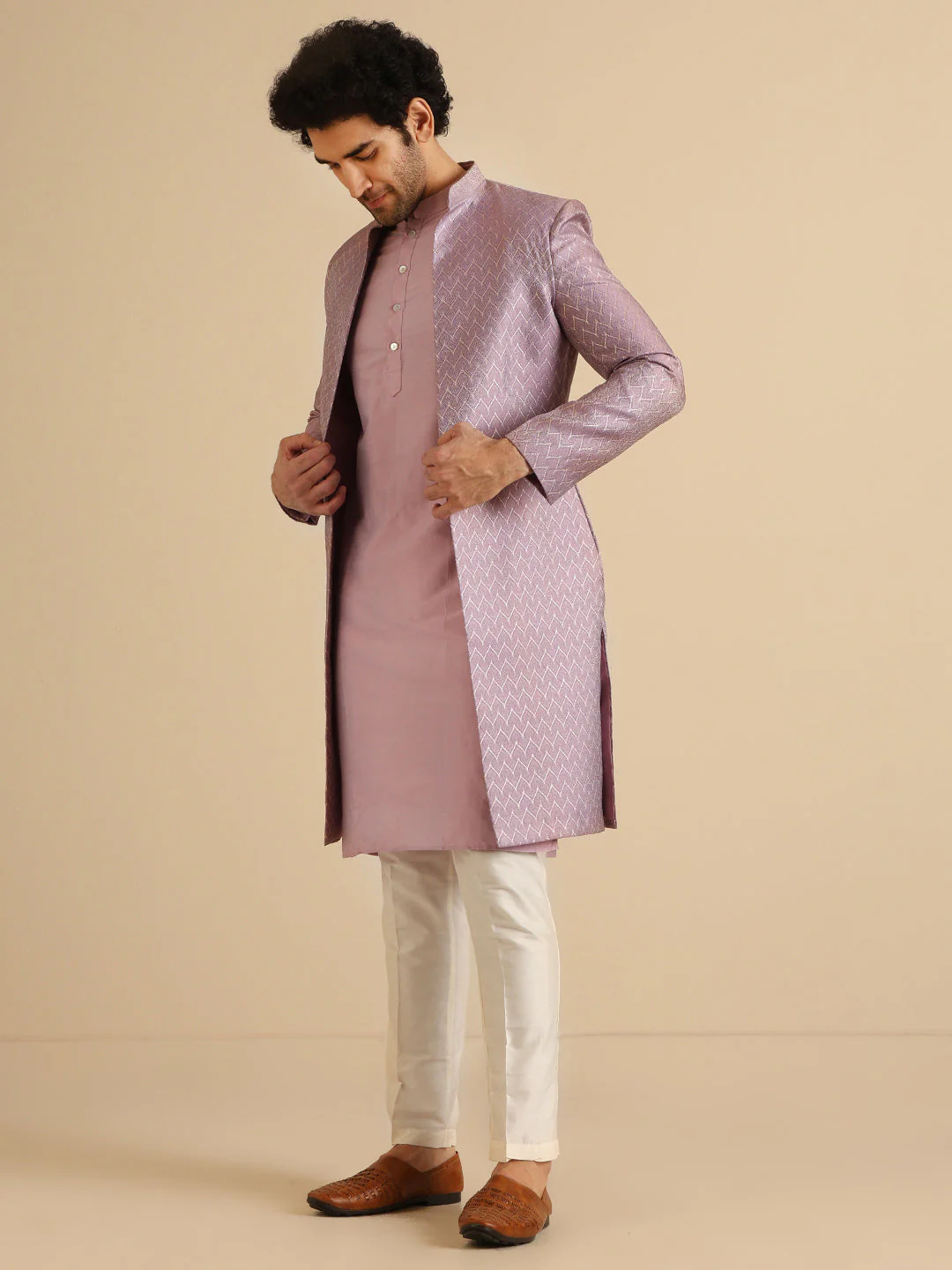 Lavender Silk Blend Metallic Front Open Sherwani Set - Image 2