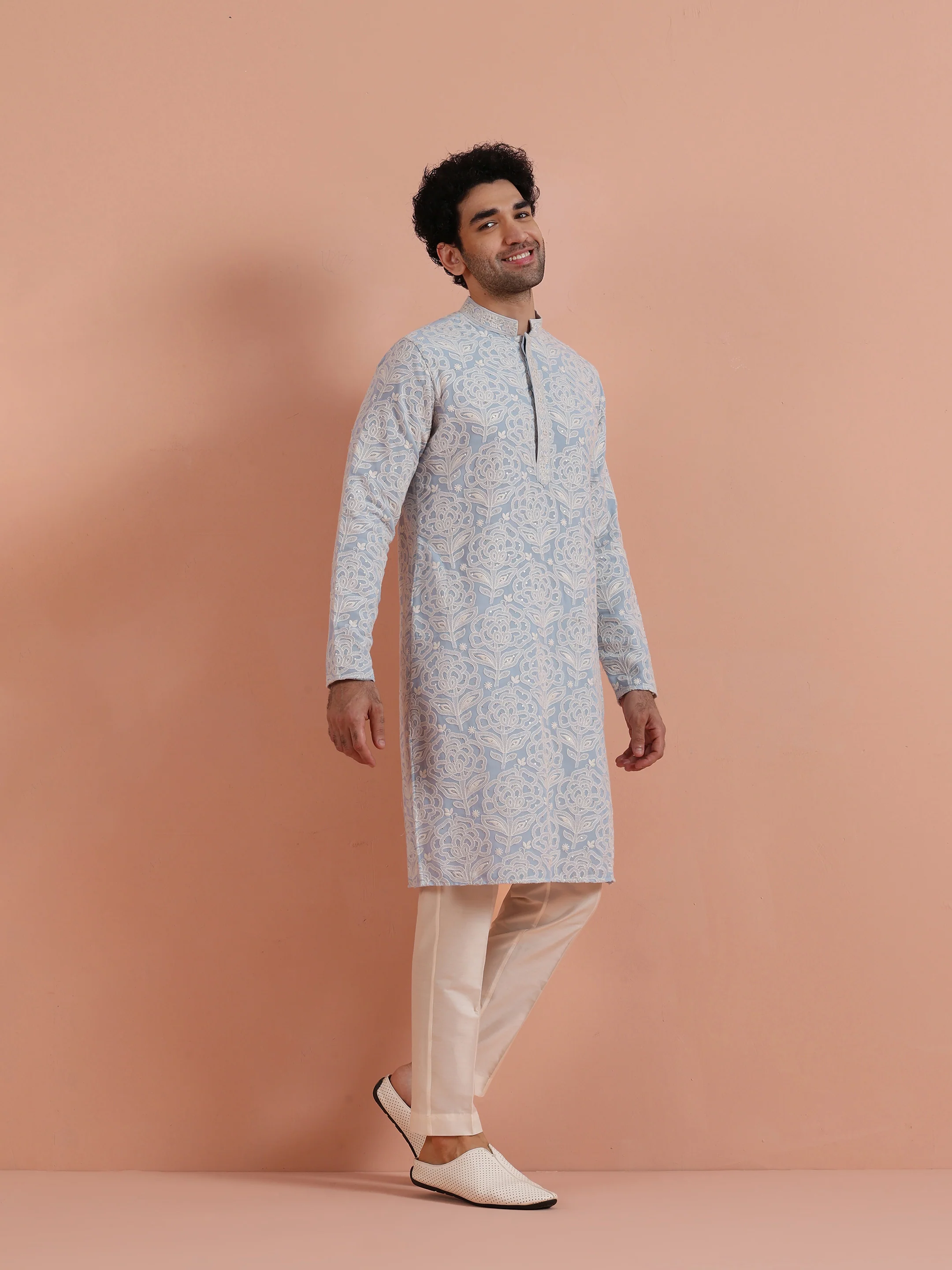 Light Blue Floral Embroidered Kurta - Image 3