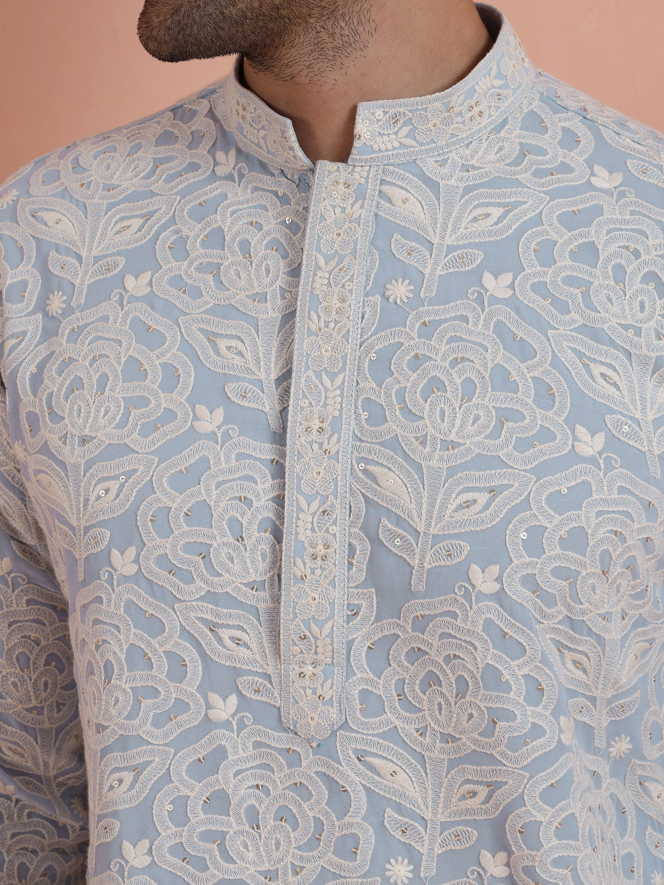 Light Blue Floral Embroidered Kurta - Image 5