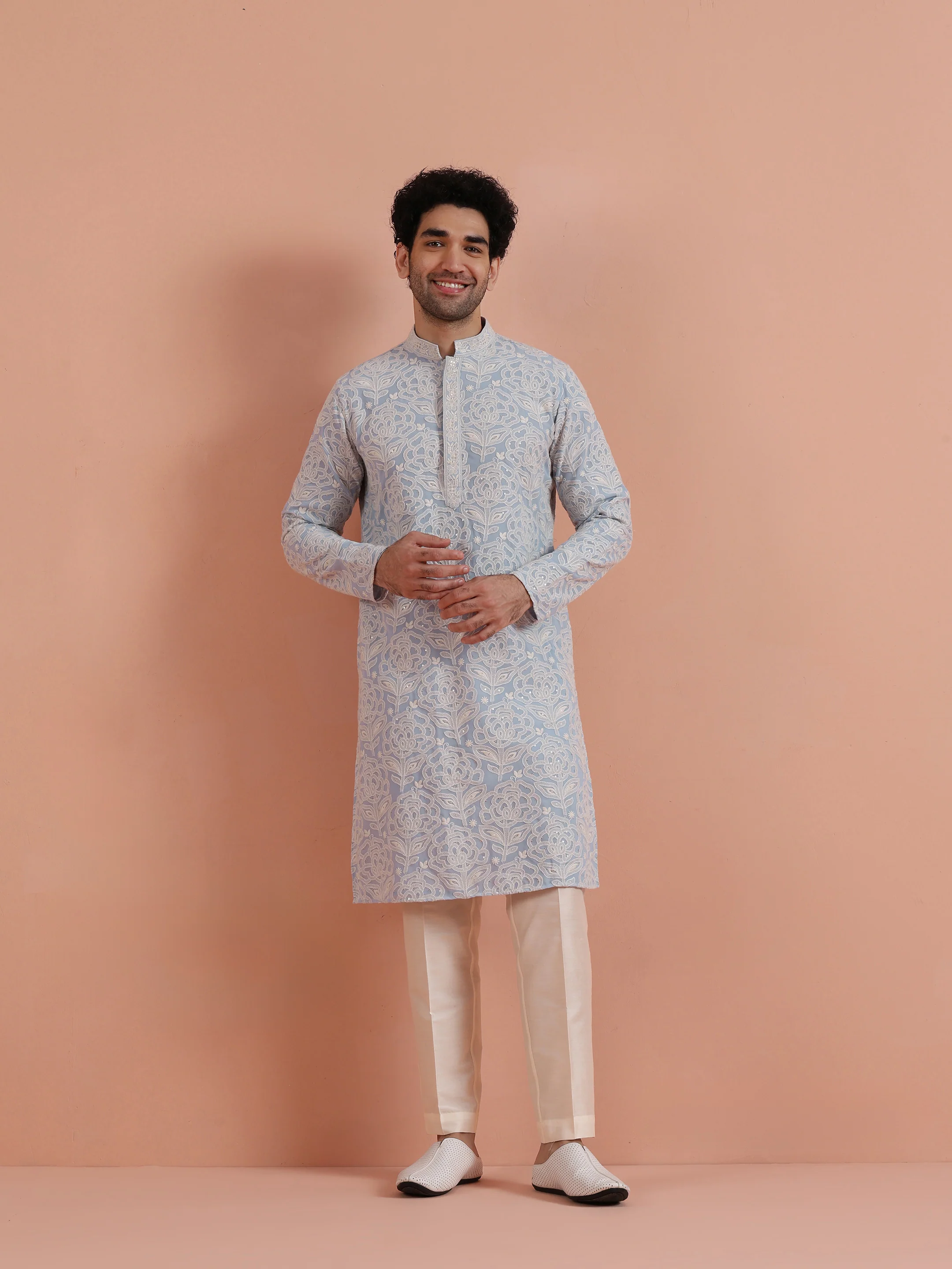 Light Blue Floral Embroidered Kurta - Image 6