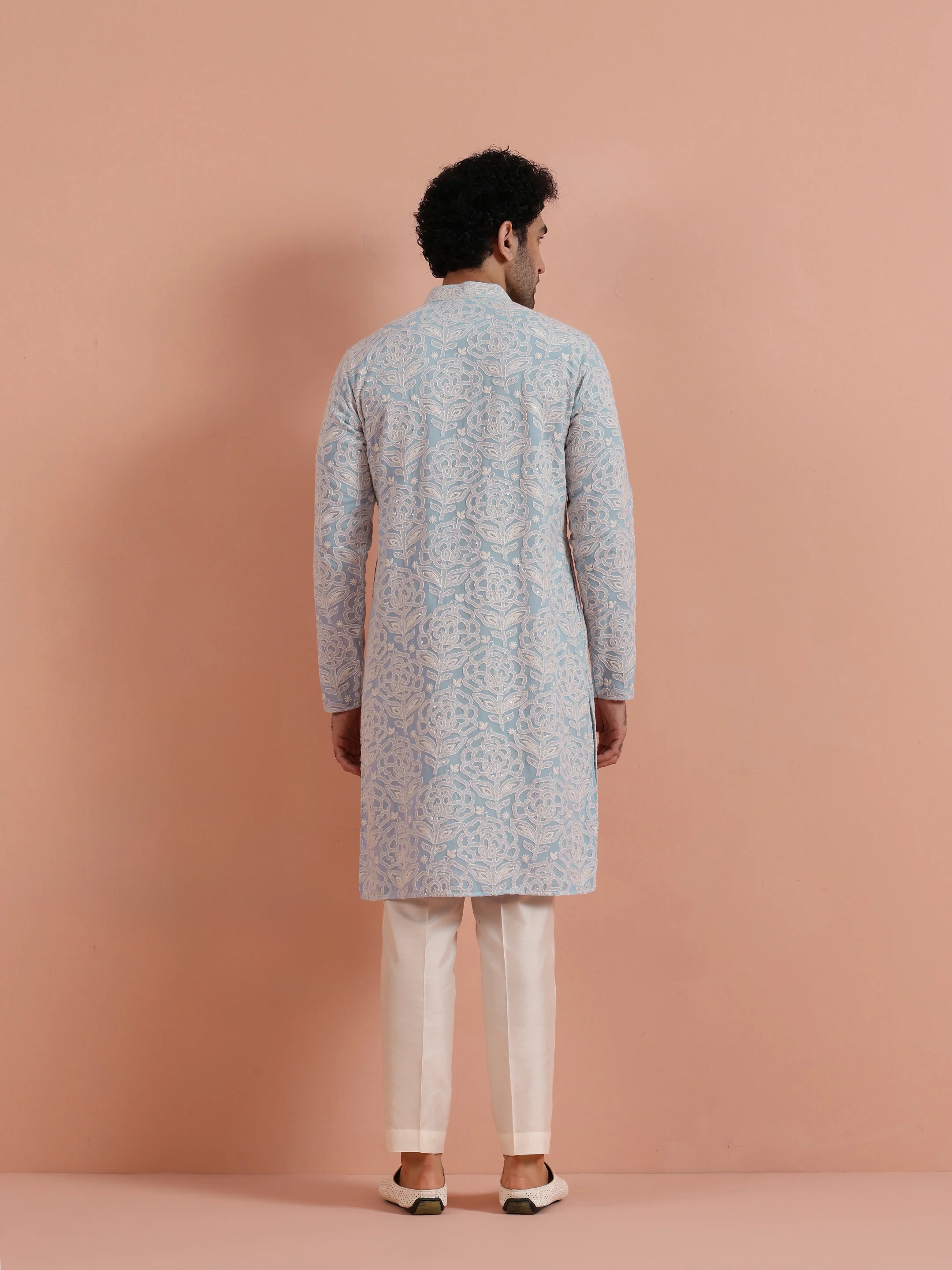 Light Blue Floral Embroidered Kurta Set - Image 4
