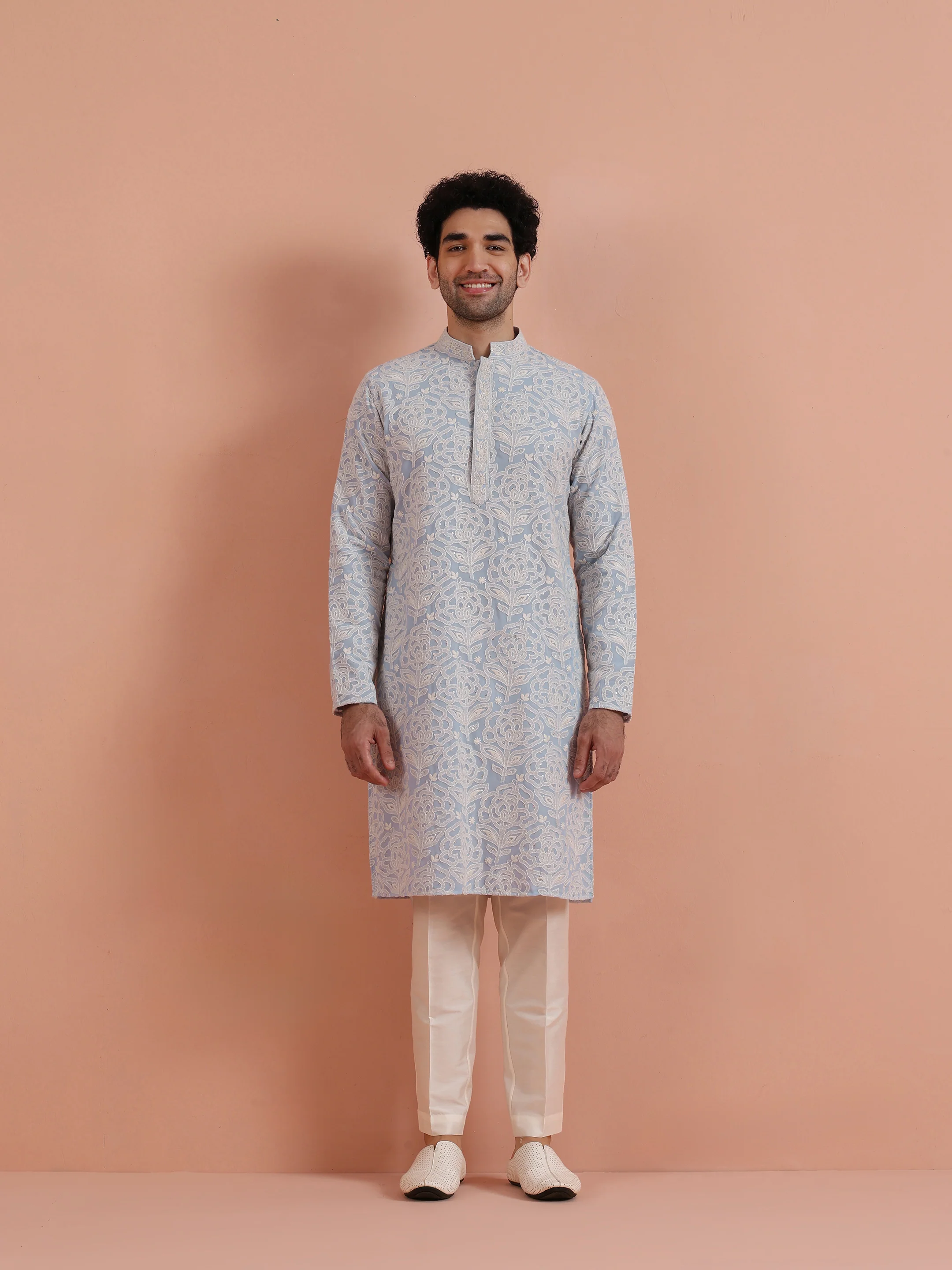 Light Blue Floral Embroidered Kurta Set - Image 8