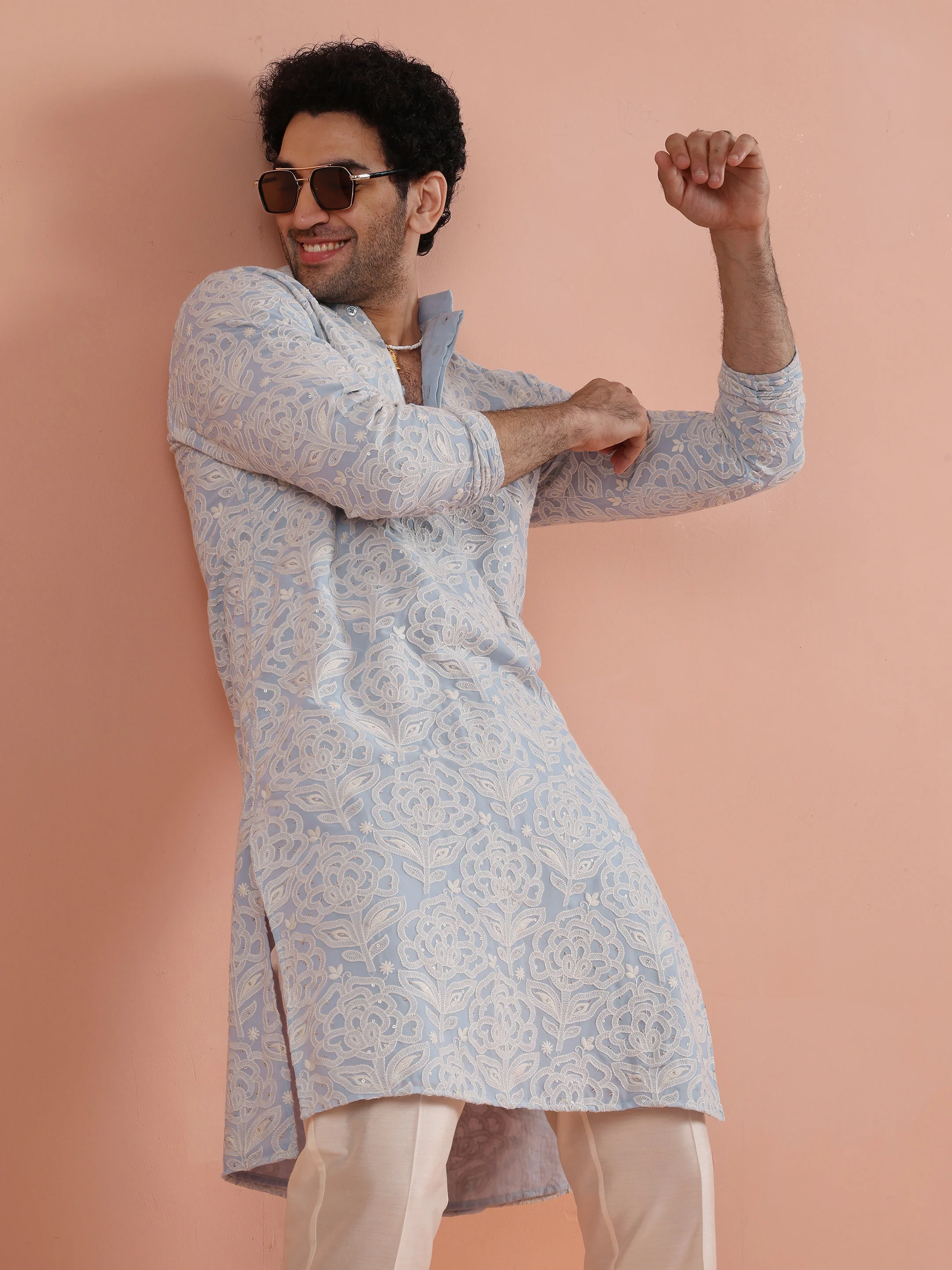 Light Blue Floral Embroidered Kurta Set - Image 9