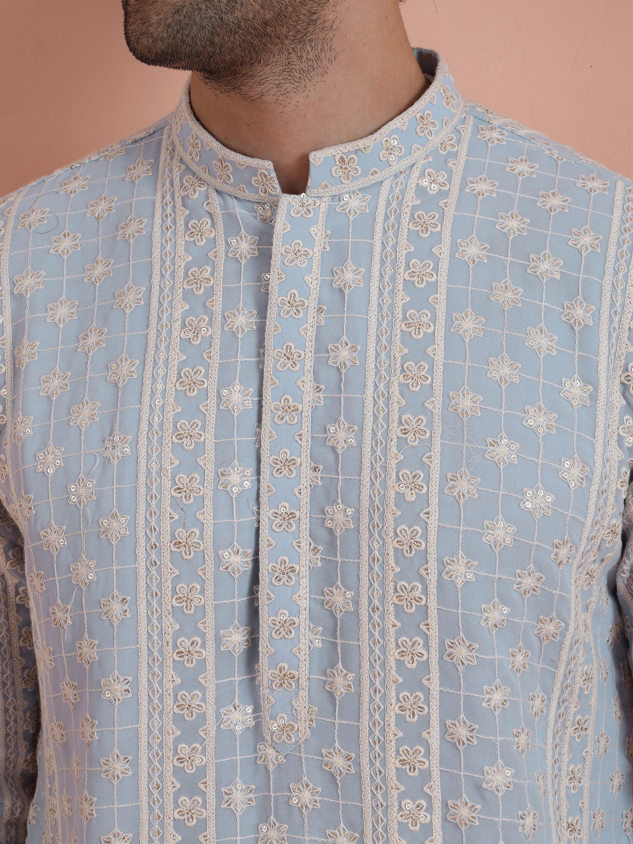 Light Blue Georgette Chikankari Embroidered Kurta - Image 5