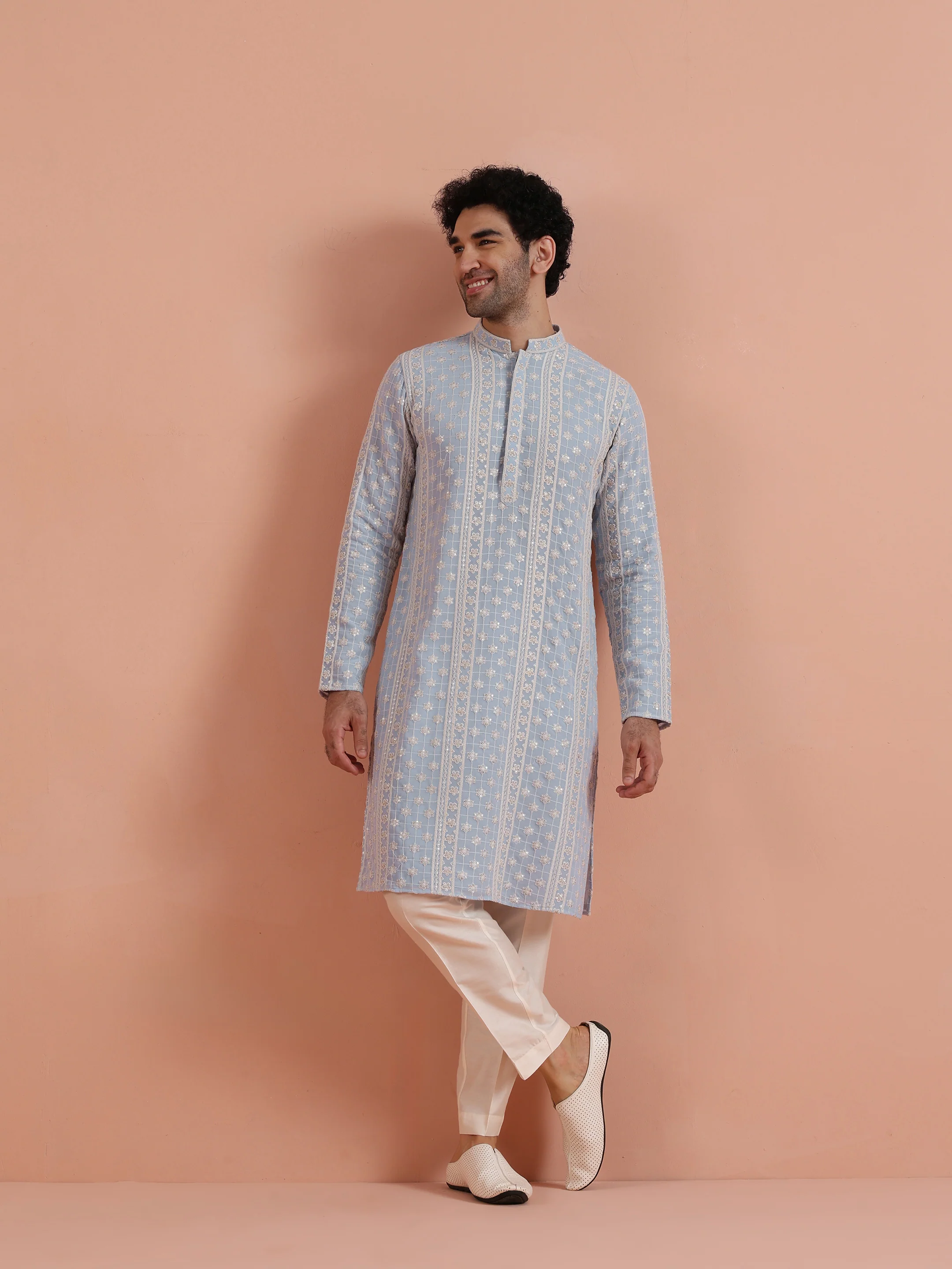 Light Blue Georgette Chikankari Embroidered Kurta - Image 6