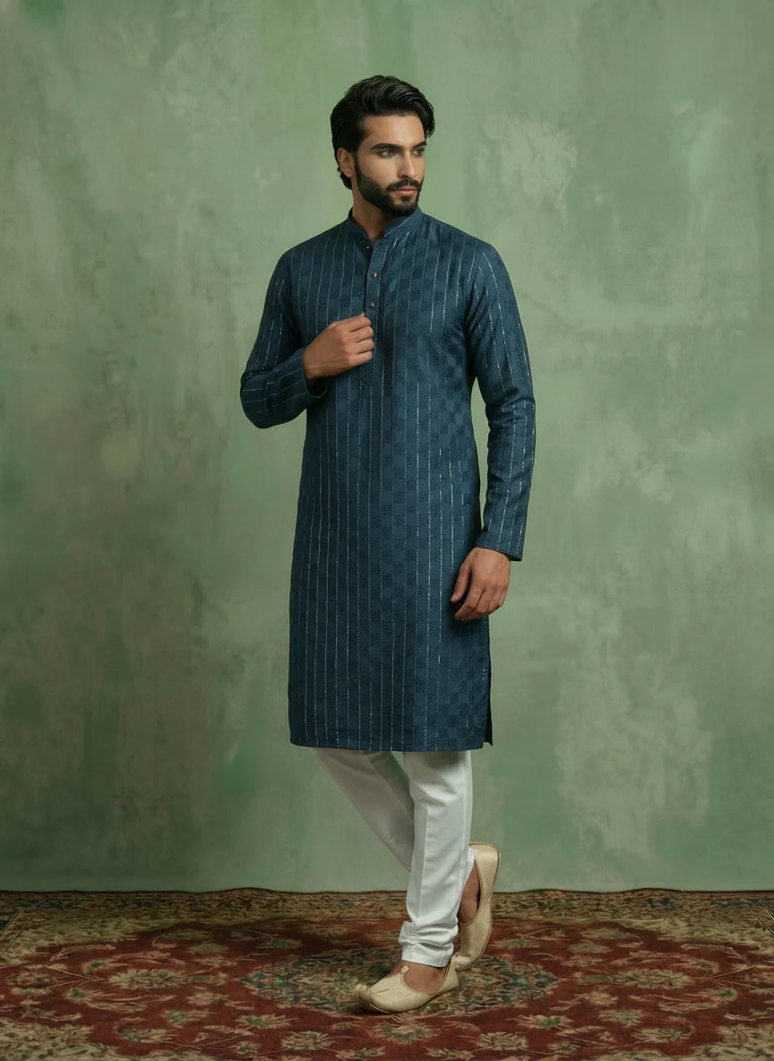 Light Blue Silk Blend Textured Long Kurta