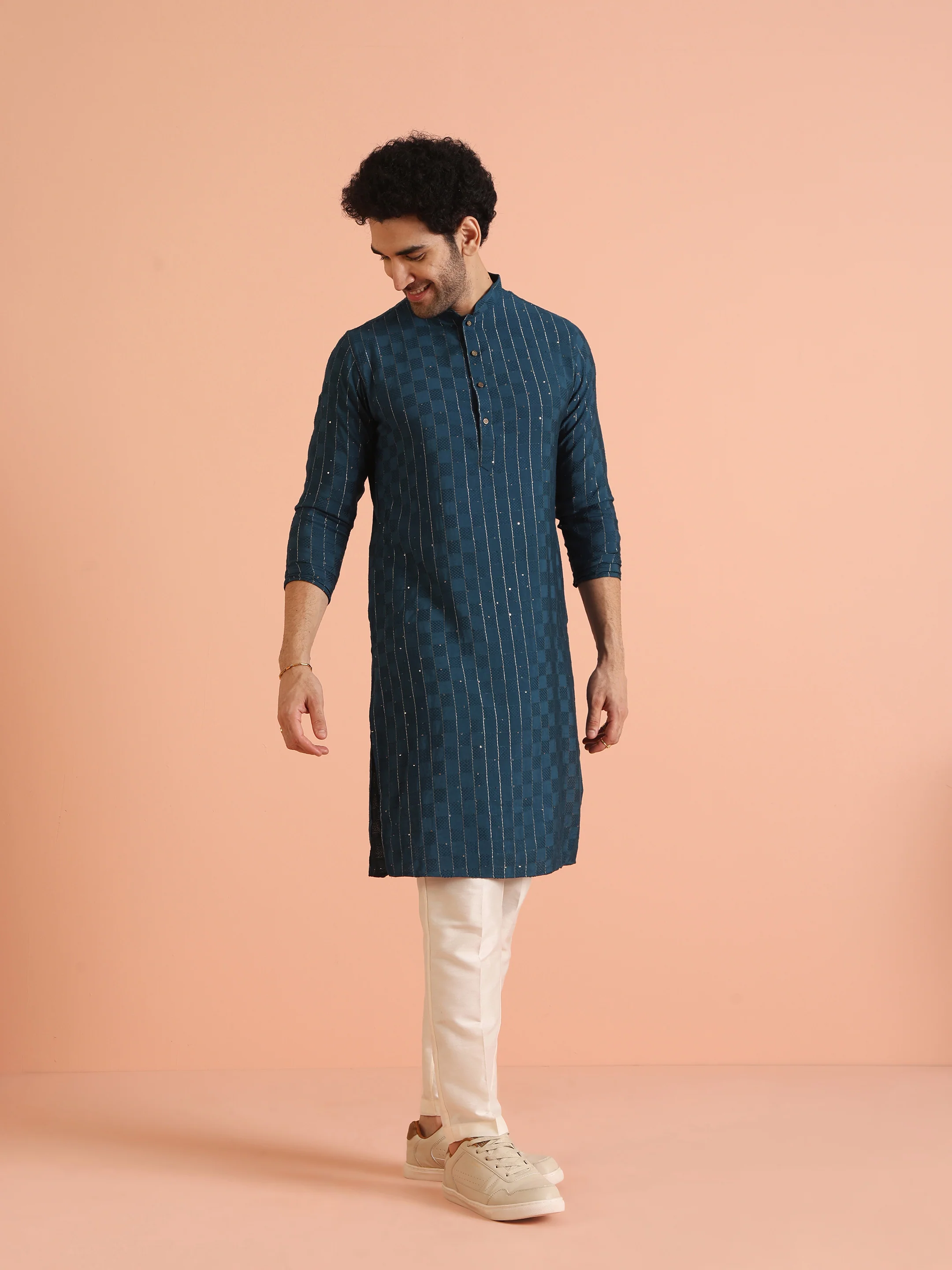 Light Blue Silk Blend Textured Long Kurta - Image 3