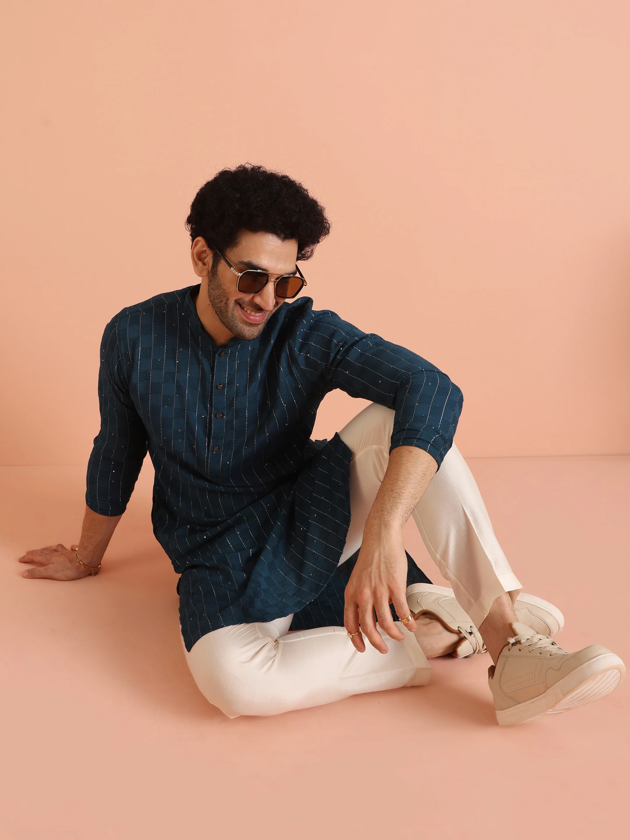 Light Blue Silk Blend Textured Long Kurta - Image 6