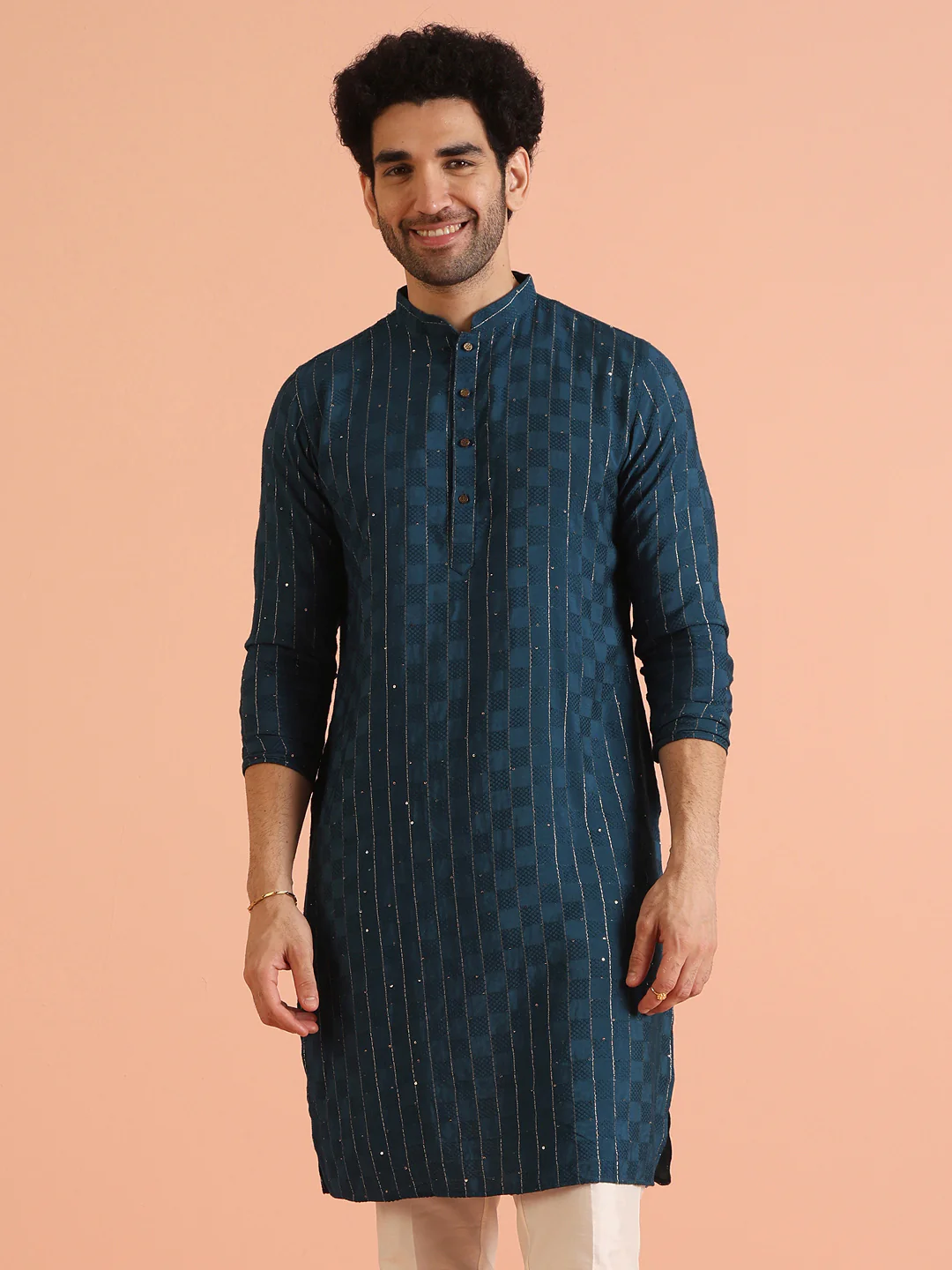 Light Blue Silk Blend Textured Long Kurta - Image 8
