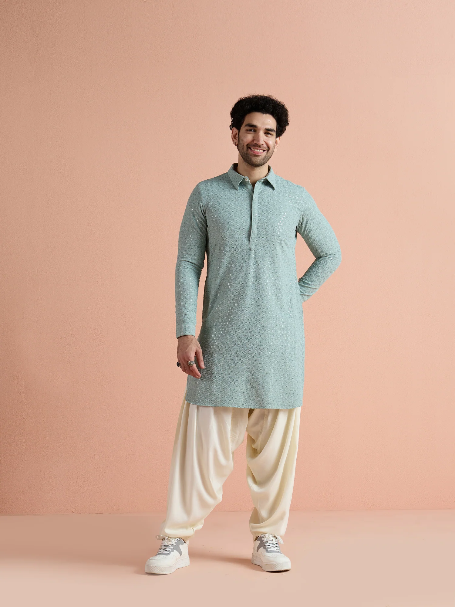 Light Blue Viscose Embroidered Pathani Kurta - Image 10