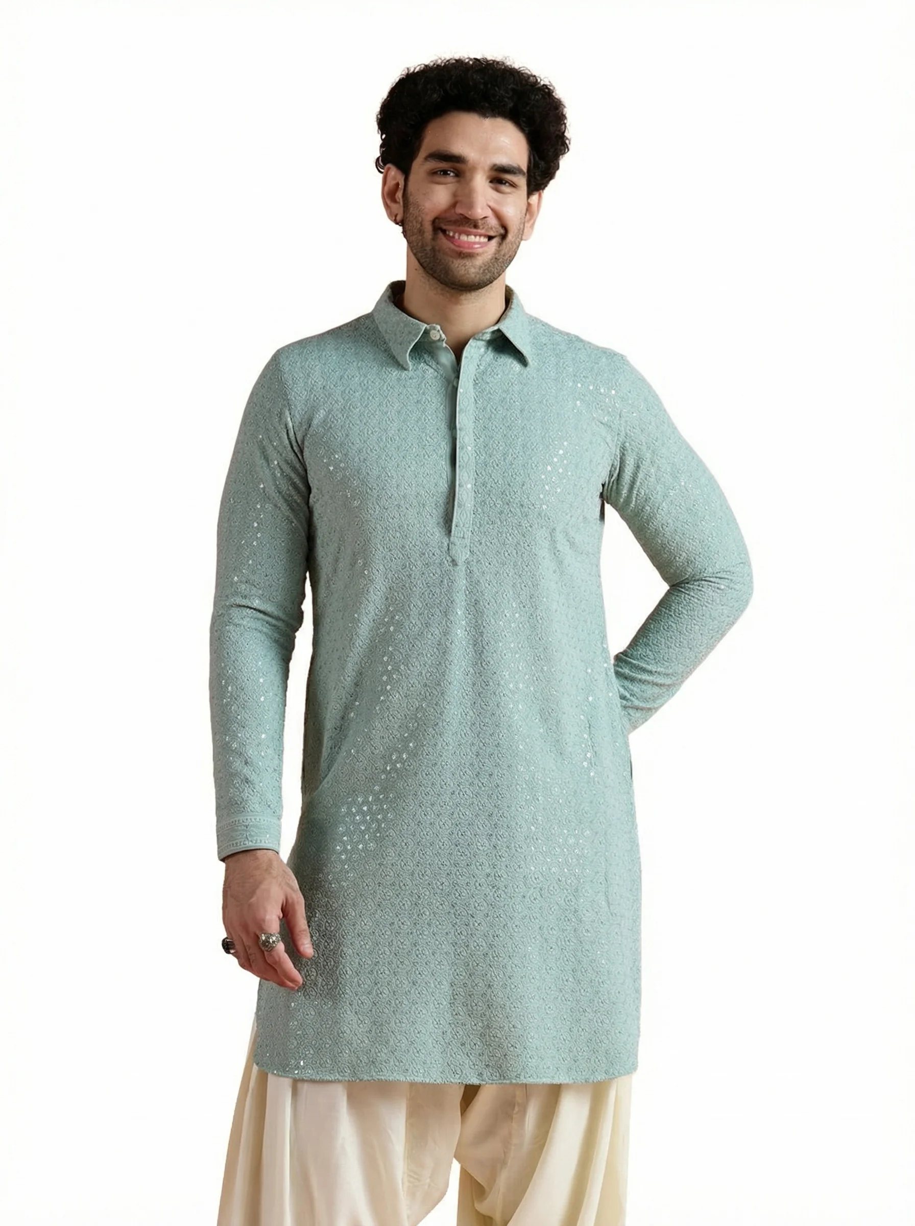 Light Blue Viscose Embroidered Pathani Kurta - Image 11