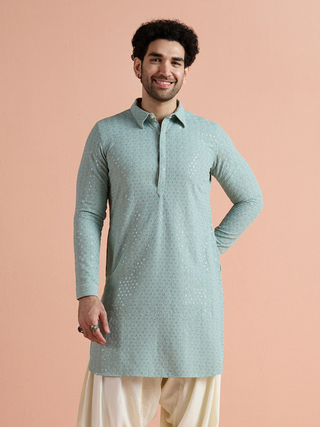 Light Blue Viscose Embroidered Pathani Kurta - Image 2