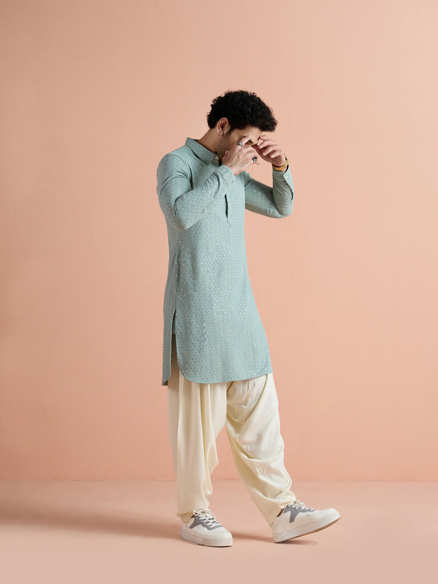 Light Blue Viscose Embroidered Pathani Kurta - Image 3