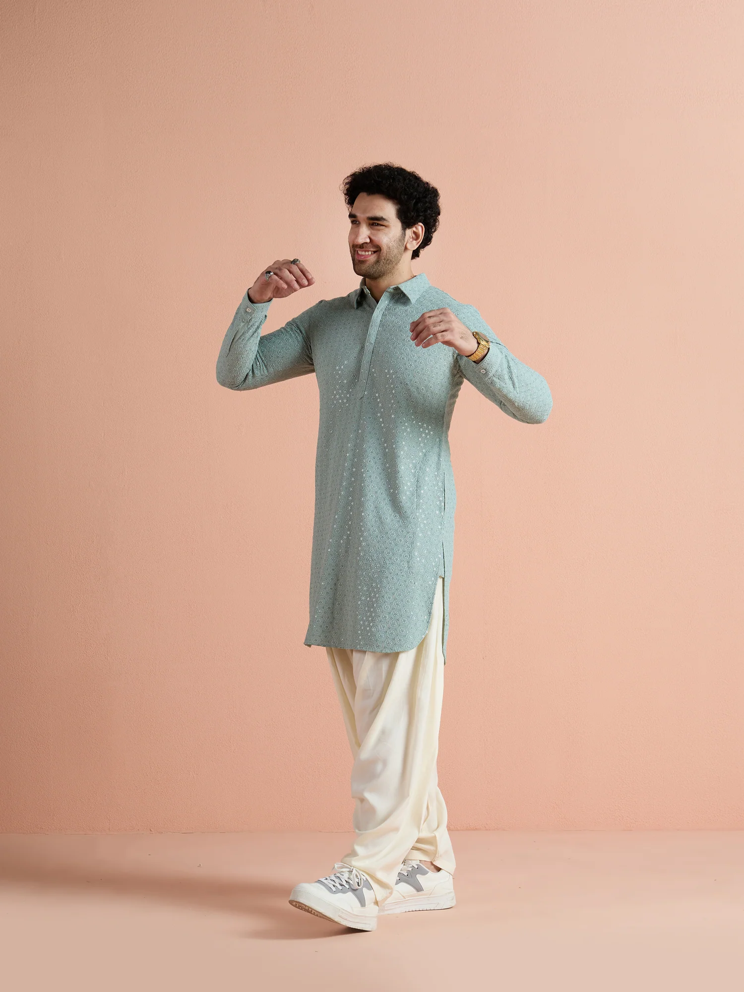 Light Blue Viscose Embroidered Pathani Kurta - Image 4