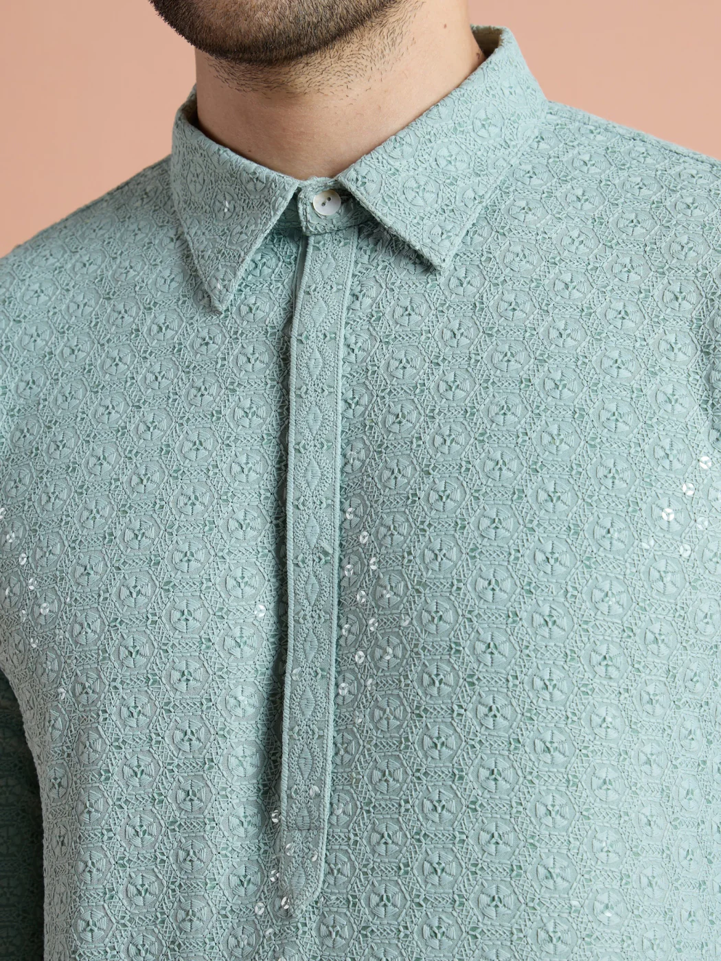 Light Blue Viscose Embroidered Pathani Kurta - Image 7