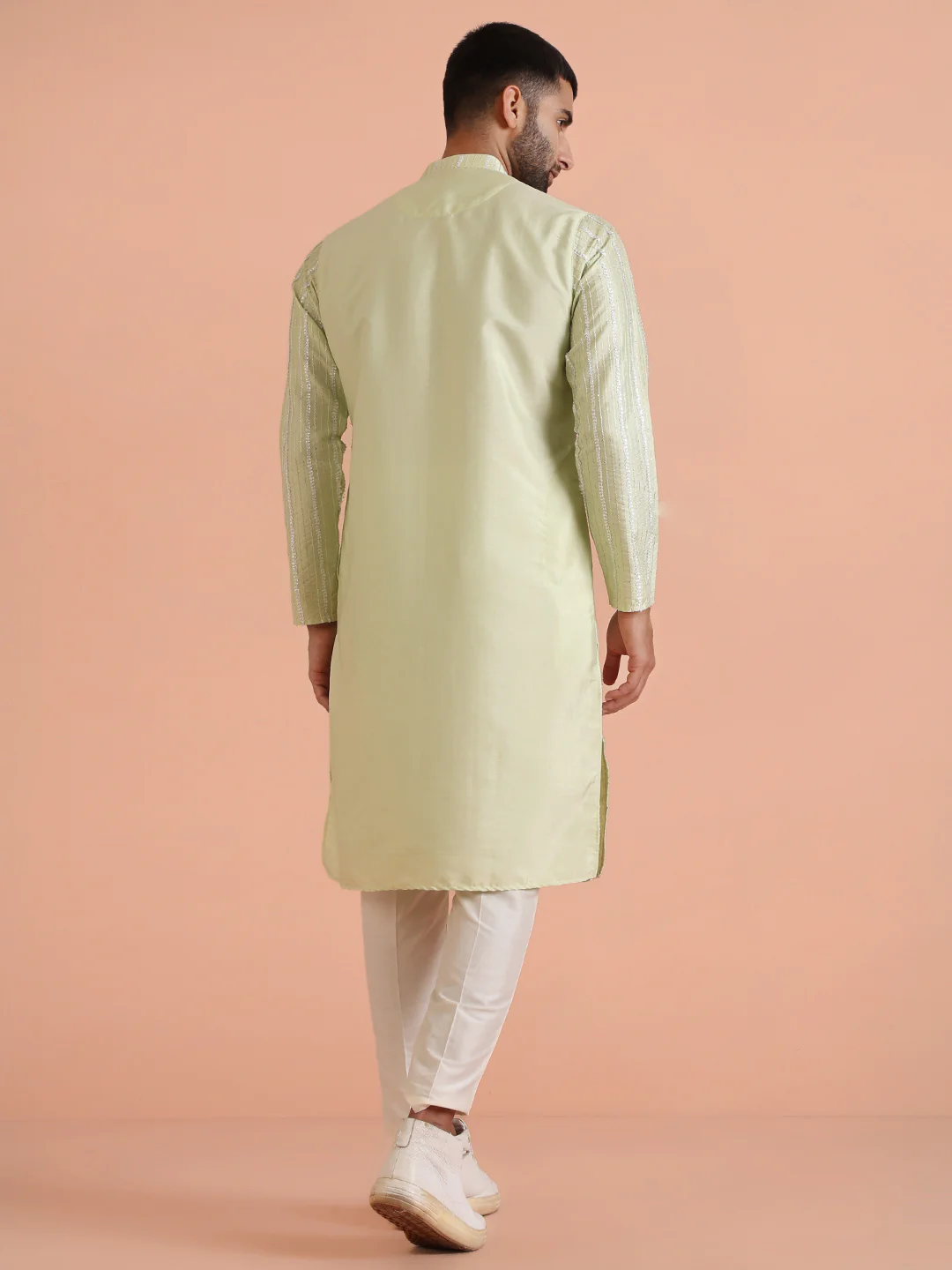 Light Green Cotton Blend Embroidered Kurta - Image 4