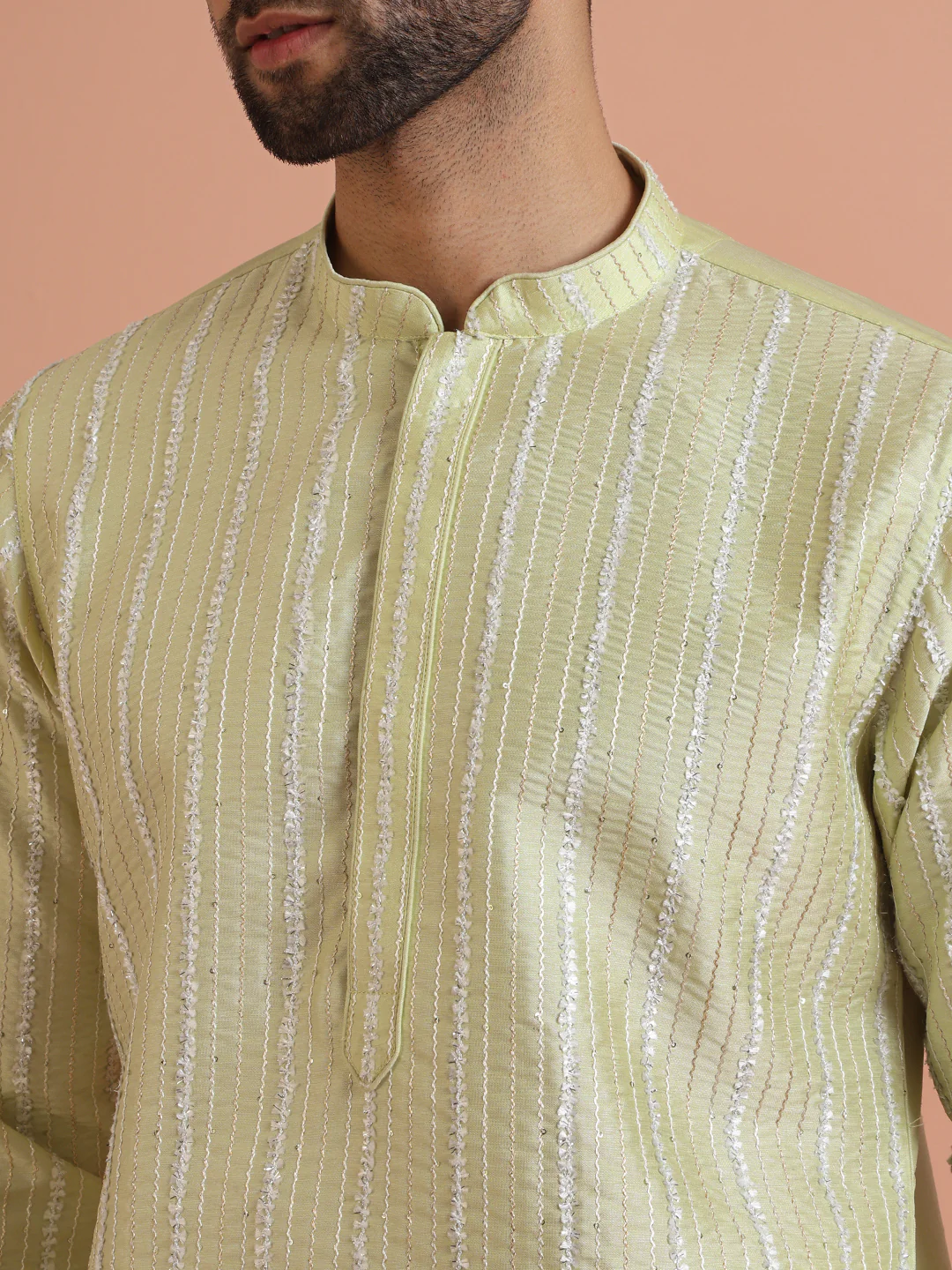Light Green Cotton Blend Embroidered Kurta - Image 5