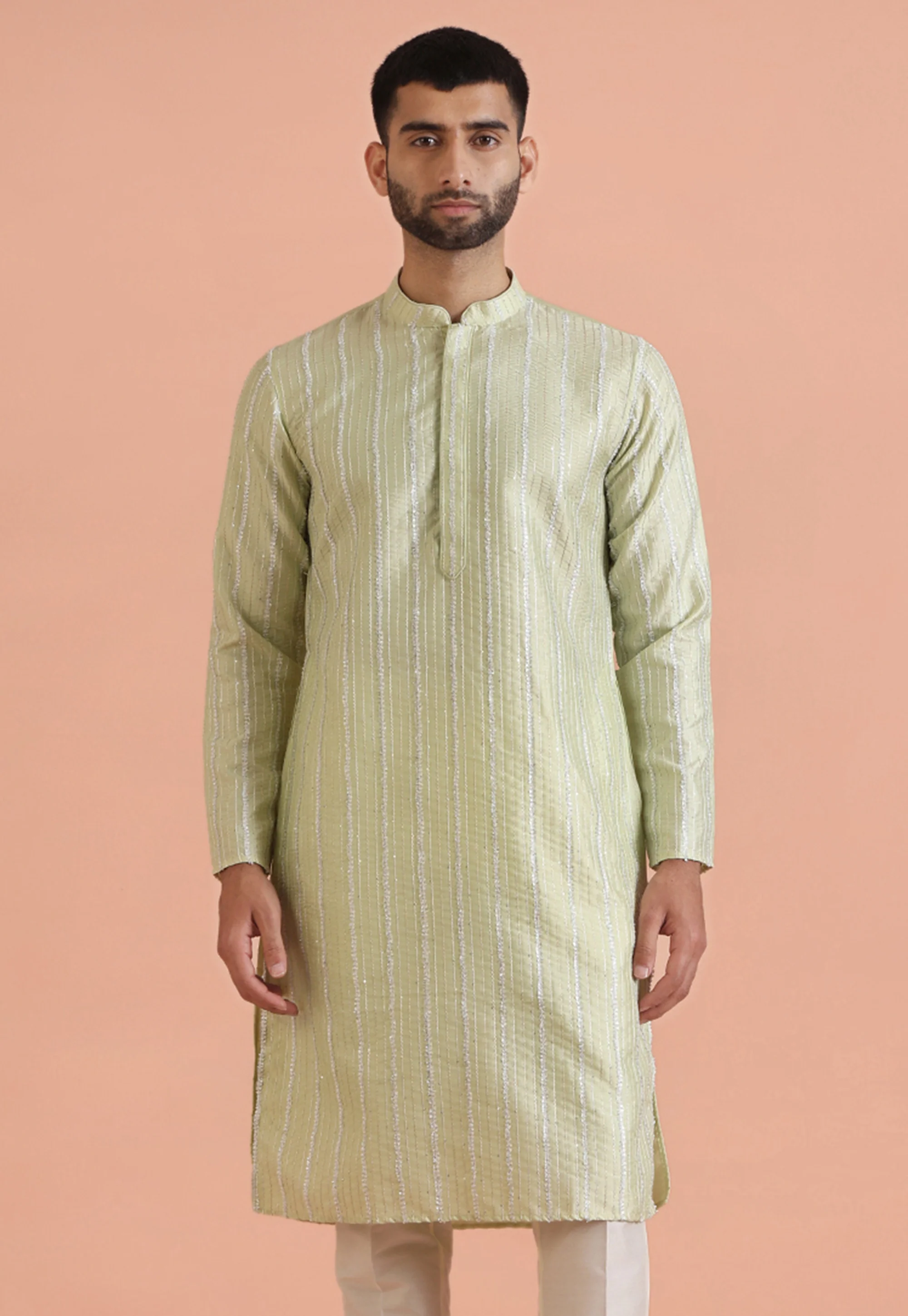 Light Green Cotton Blend Embroidered Kurta - Image 7