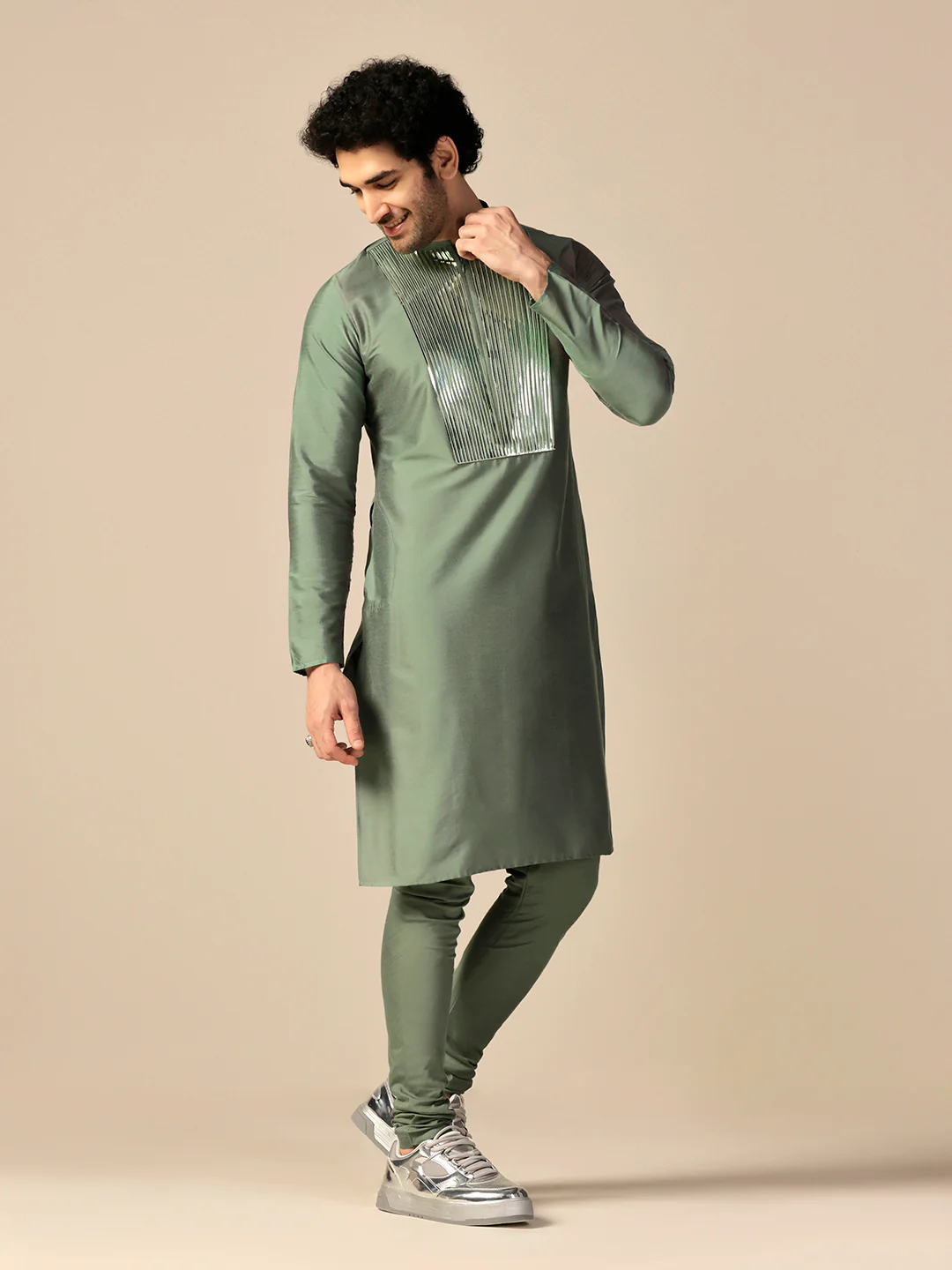 Light Green Silk Blend Embellished Long Kurta - Image 3
