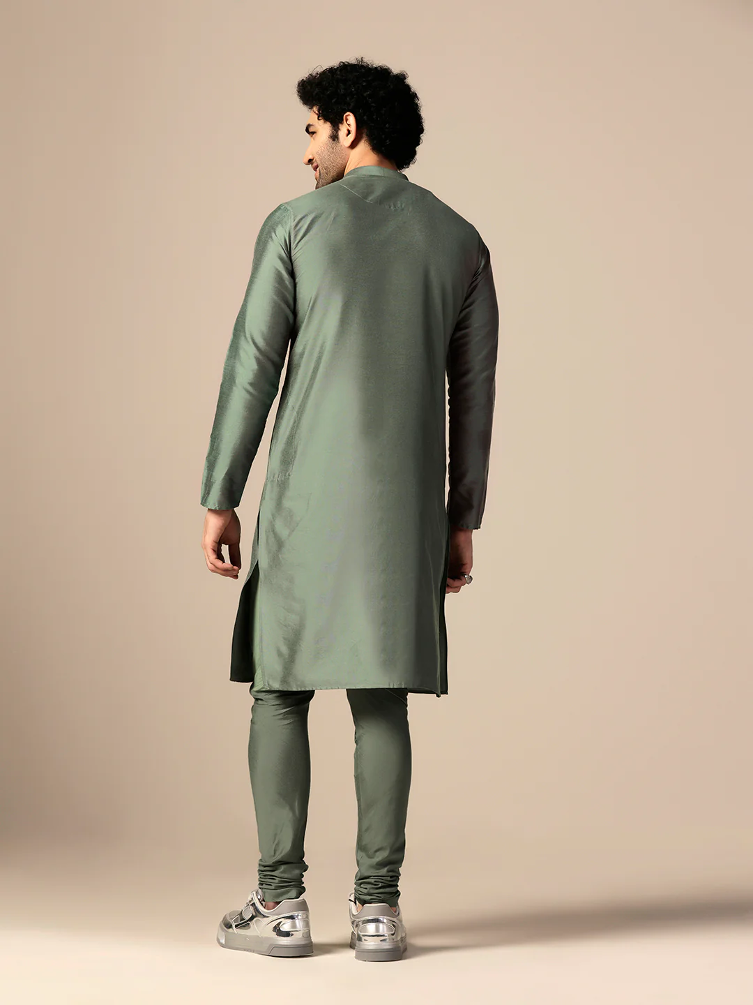 Light Green Silk Blend Embellished Long Kurta - Image 4