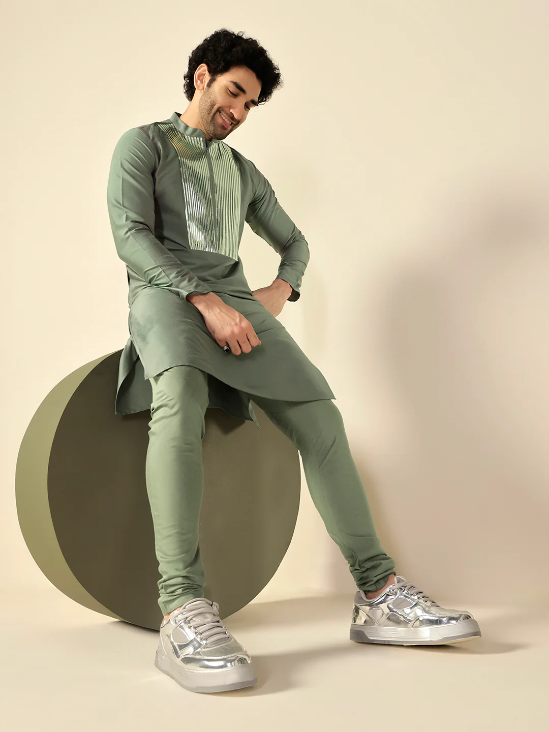 Light Green Silk Blend Embellished Long Kurta - Image 6
