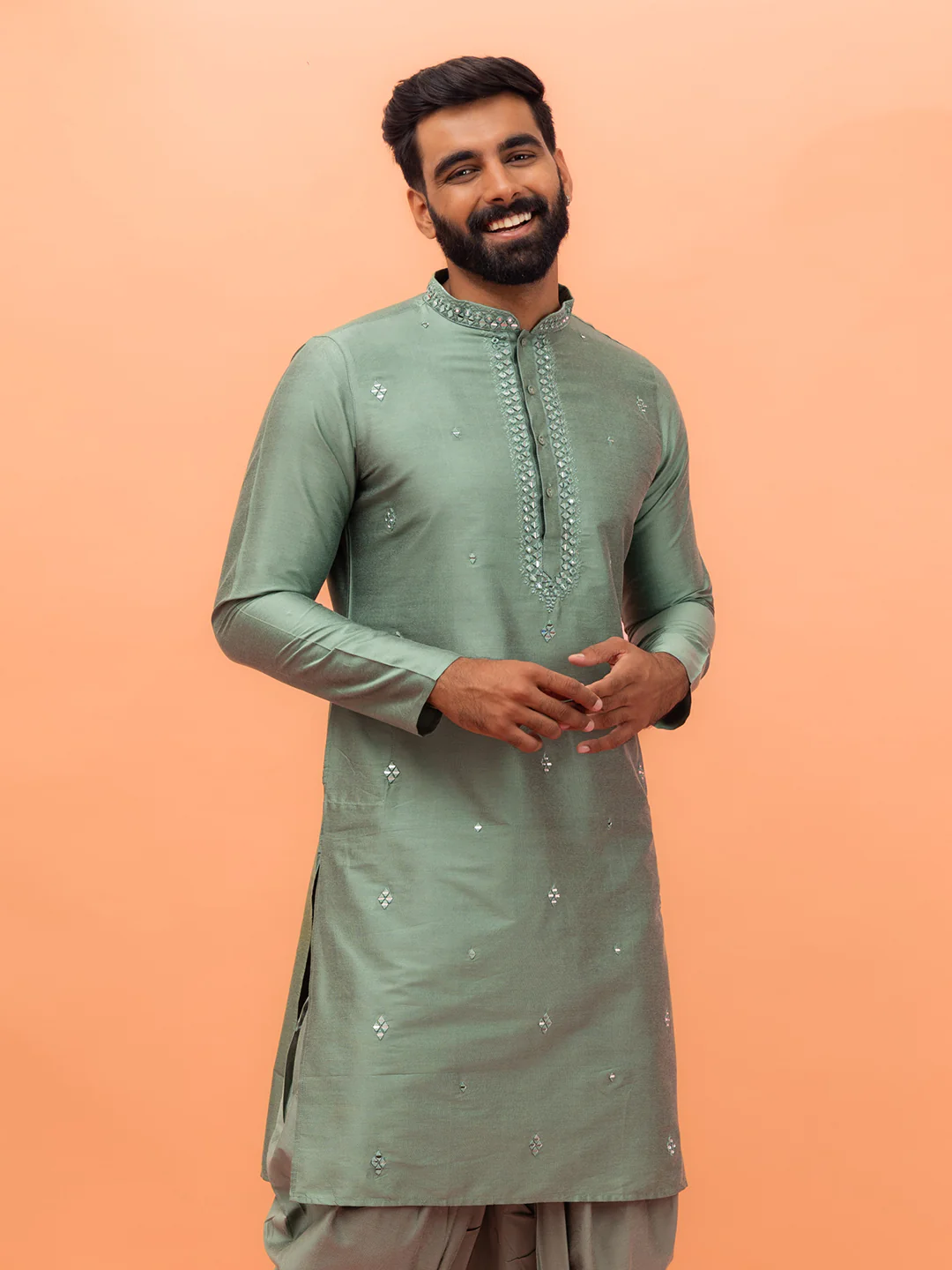Light Green Silk Blend Mirror Work Kurta - Image 7