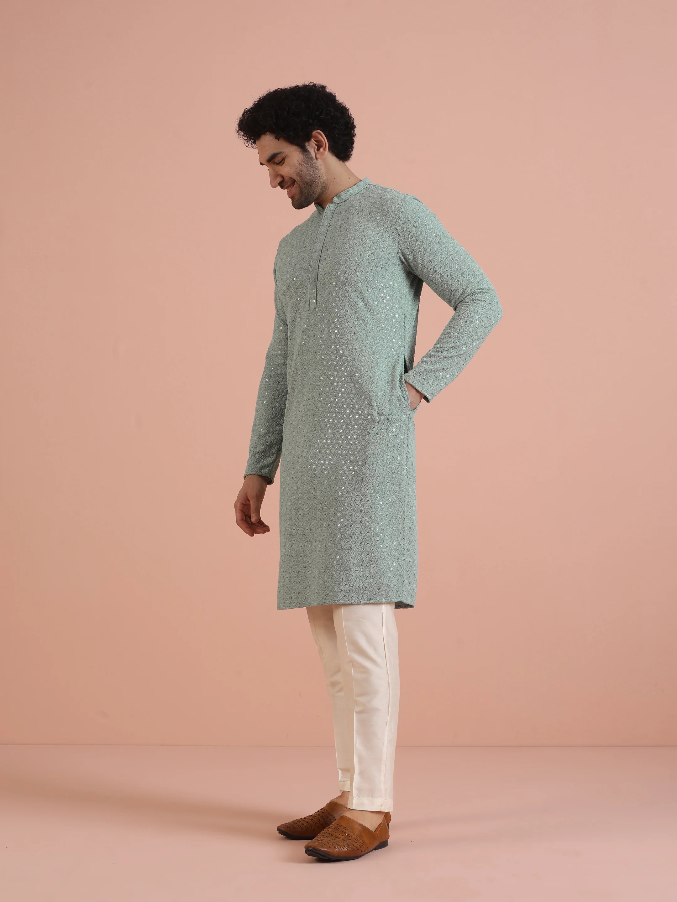Light Green Silk Blend Schiffli Printed Long Kurta - Image 3