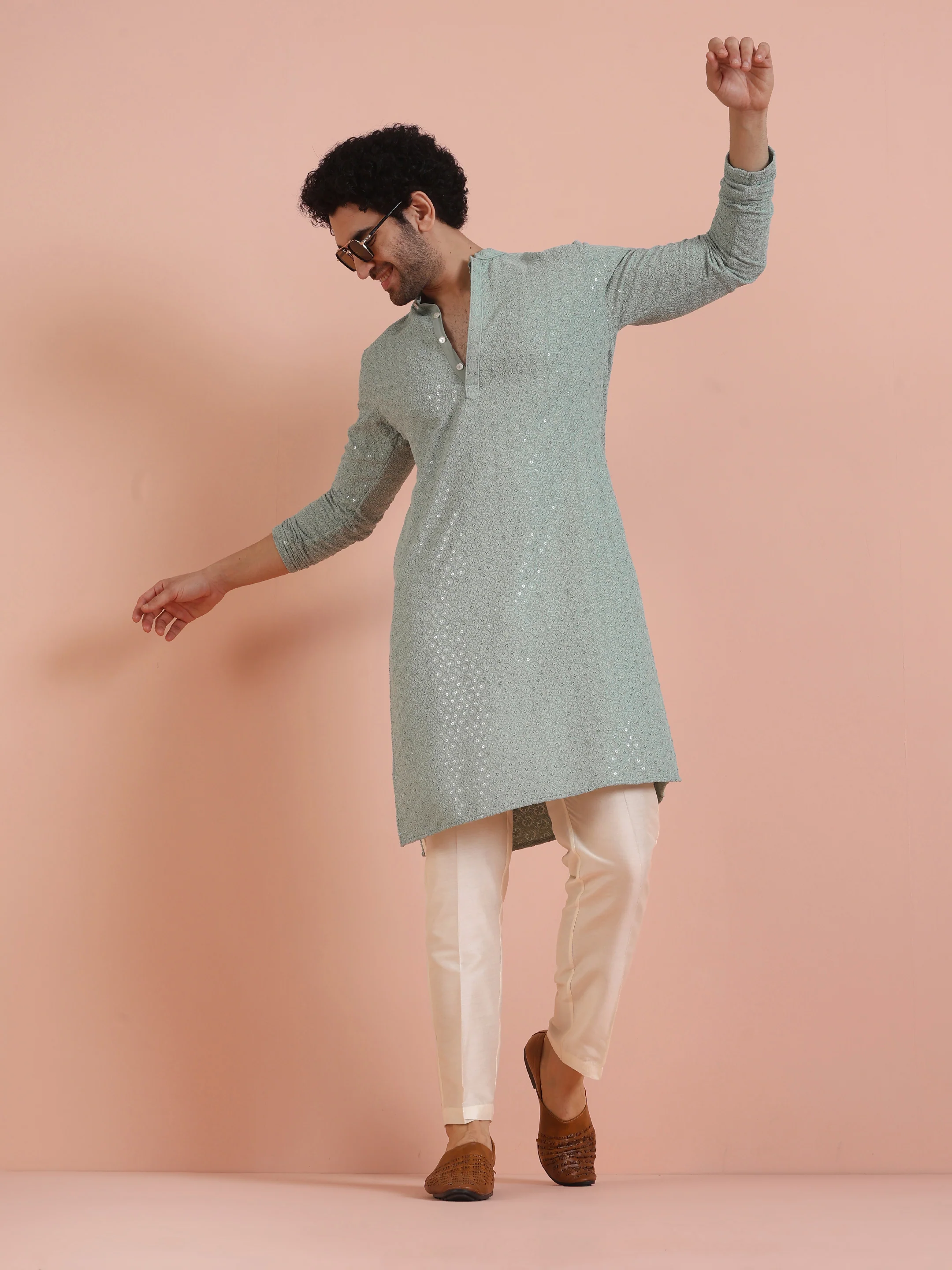 Light Green Silk Blend Schiffli Printed Long Kurta - Image 7