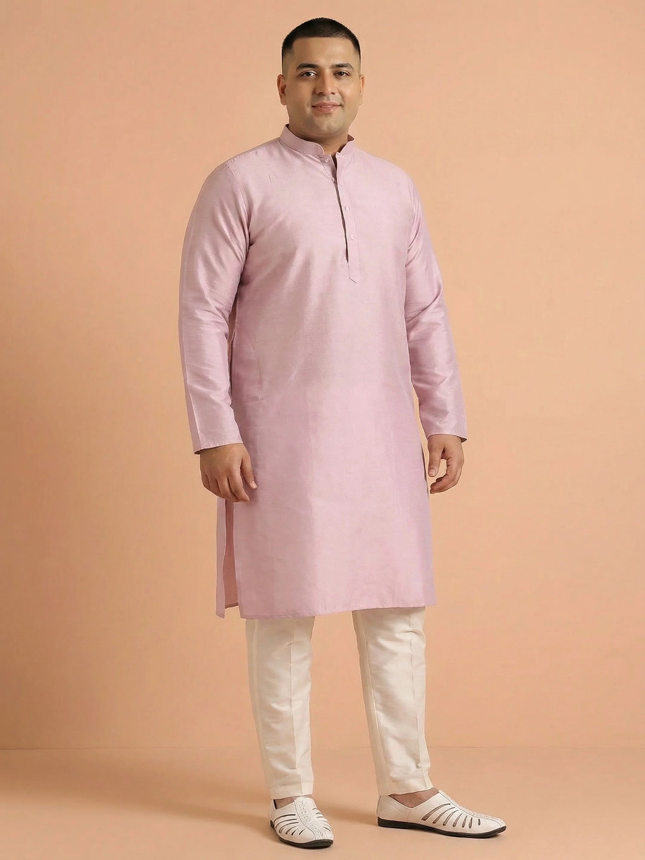 Light Pink Cotton Silk Plain Kurta